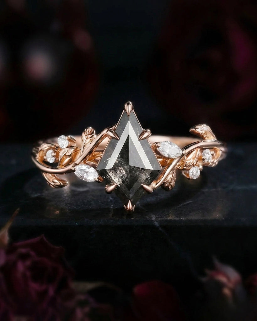 Garden of Eden Nature Inspired Leaf And Vine Kite Salt & Pepper Diamond Engagement Ring