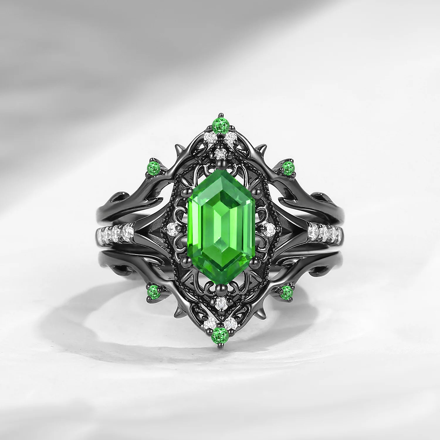 Fallen Aegis - Gothic Long Hexagon Lab Tsavorite Shield Engagement Ring Set with Thorn-inspired Band