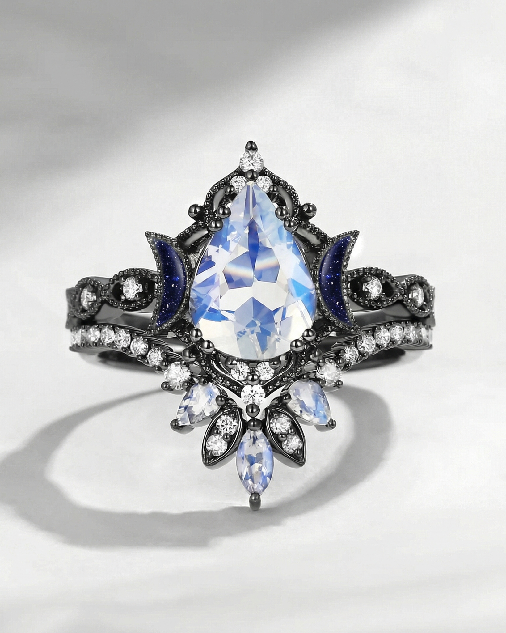 Crescent Moon | Unique Pear Moonstone & Blue Sandstone Moon 'Ultra Galaxy' Starry Engagement Ring Set 2pcs