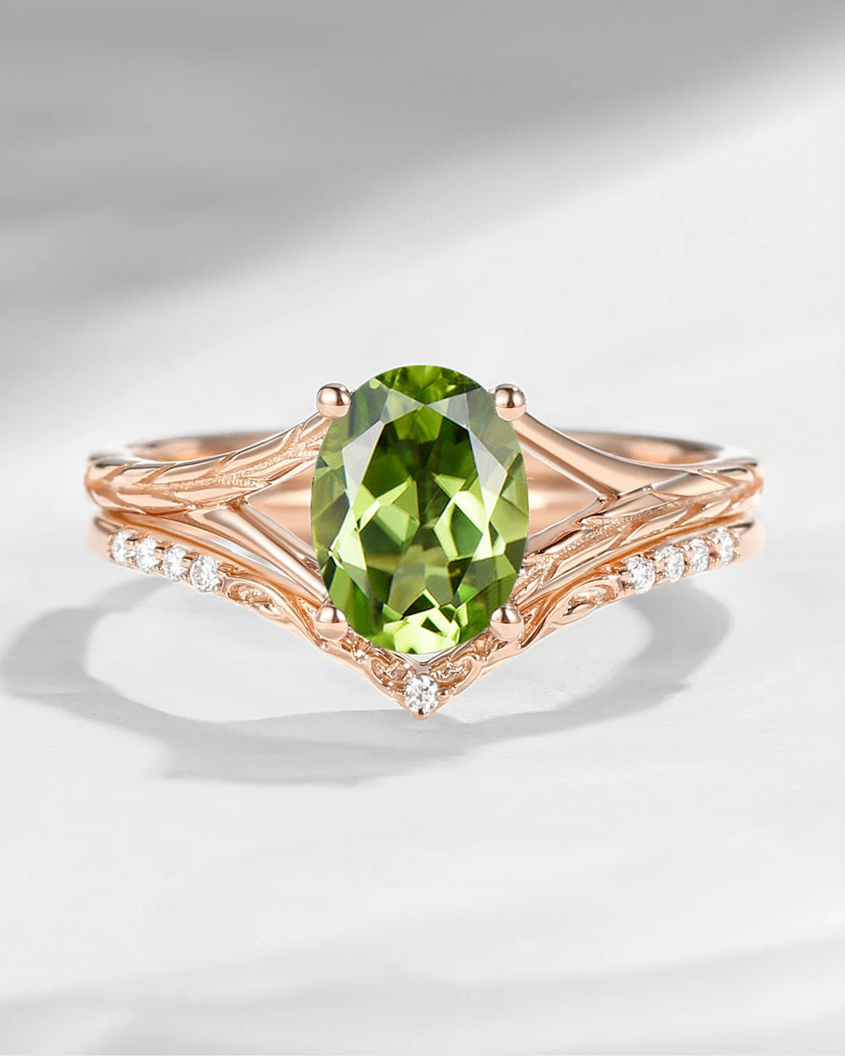 Nature Inspired Oval Cut Peridot Textured Engagement Ring Set 2pcs