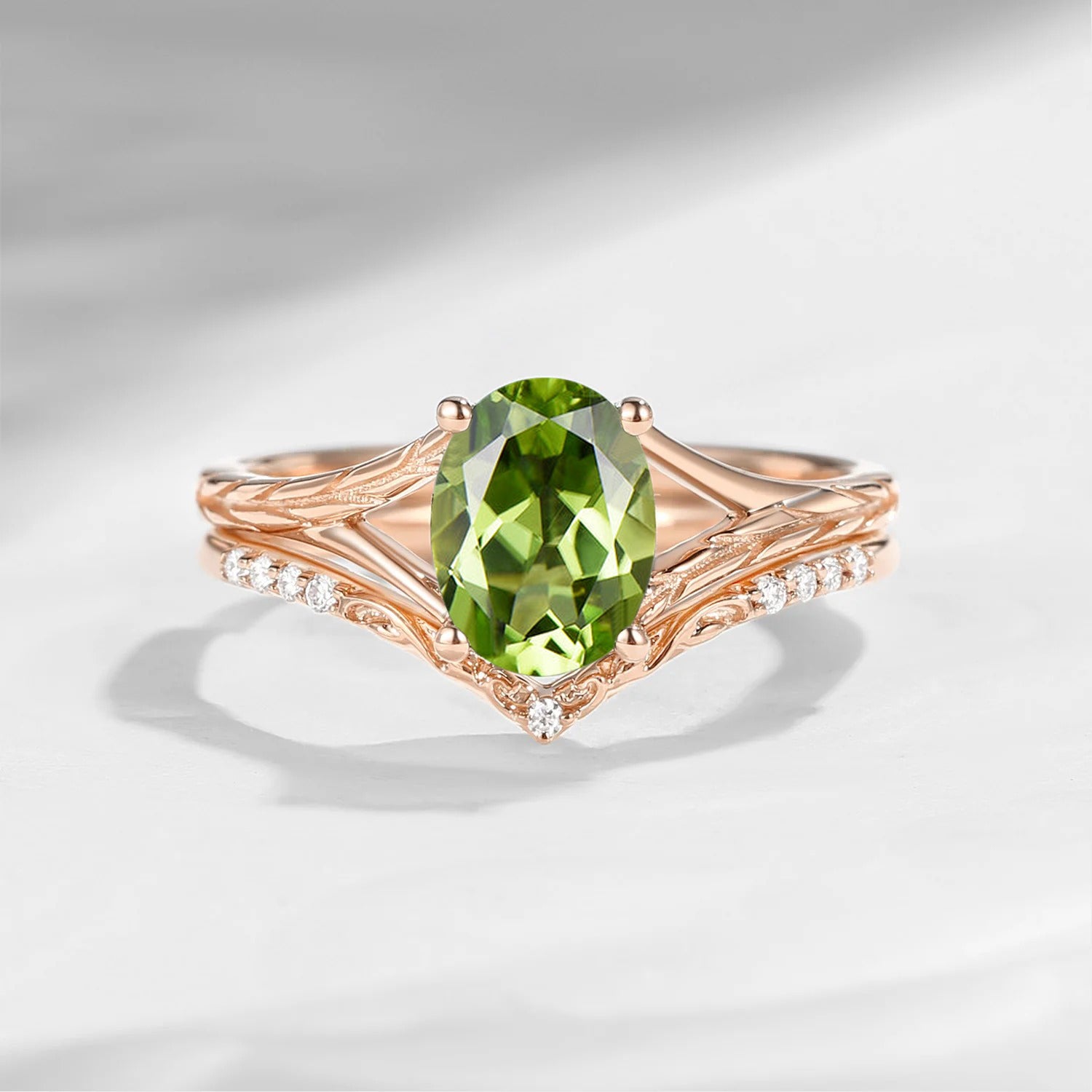 Nature Inspired Oval Cut Peridot Textured Engagement Ring Set 2pcs