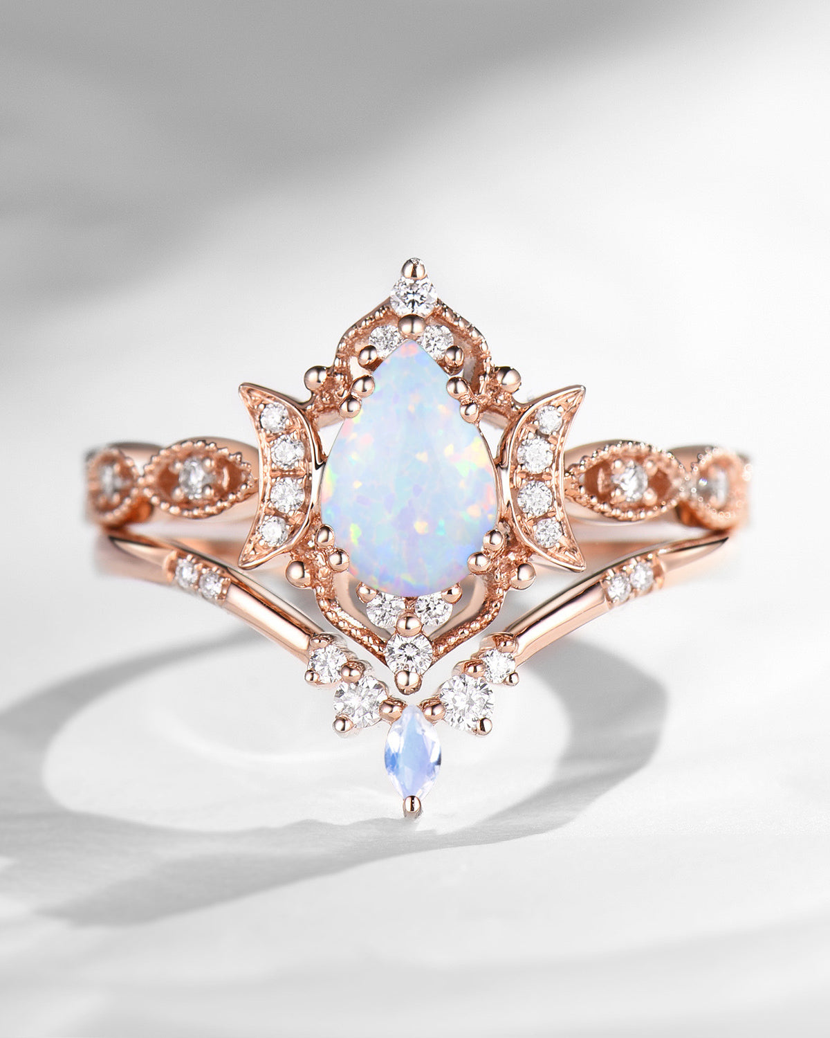 Crescent moon |Unique White Opal Moonstone Engagement Ring Set 2PCS-Luna