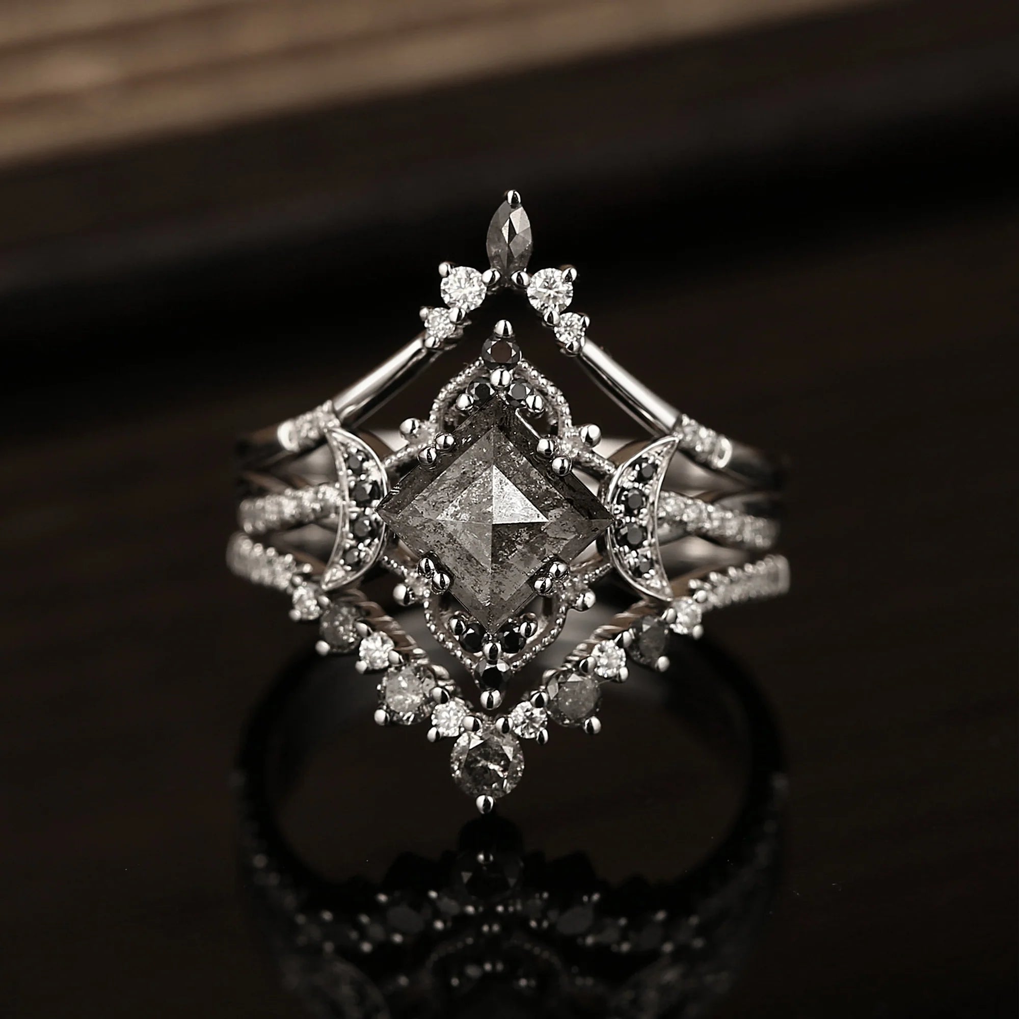 Crescent Moon | Rhombus Cut Salt And Pepper Diamond 'Noir' Engagement Ring Set 3pcs