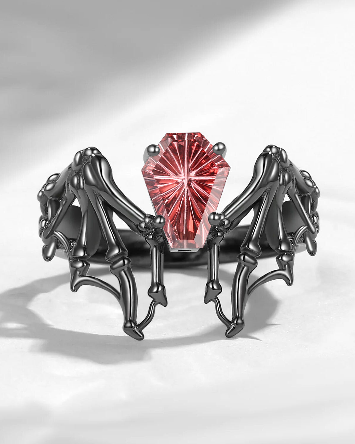 Firework Cut Natural Pink Tourmaline Coffin Cut Vintage Inspired Black Gold Engagement Ring - Bat Ring