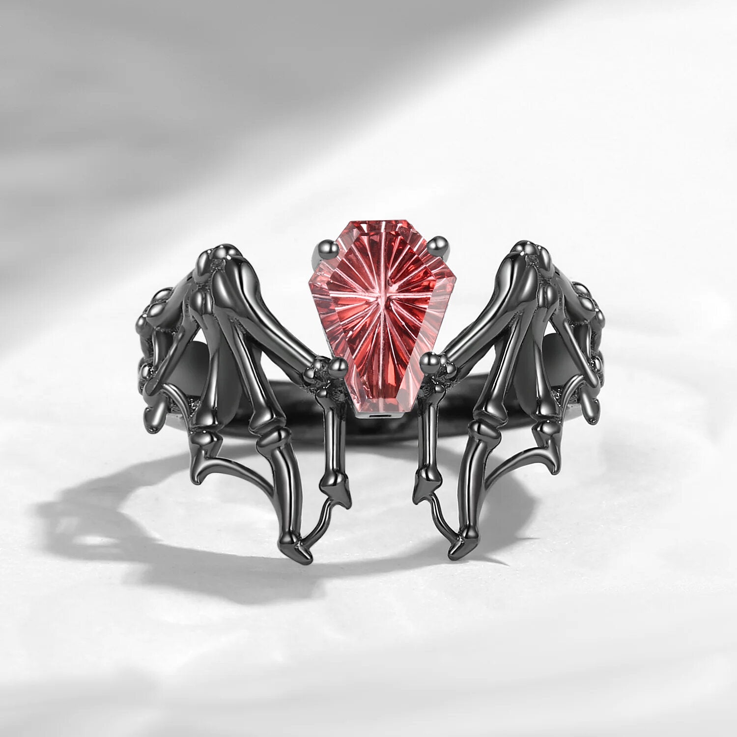 Firework Cut Natural Pink Tourmaline Coffin Cut Vintage Inspired Black Gold Engagement Ring - Bat Ring