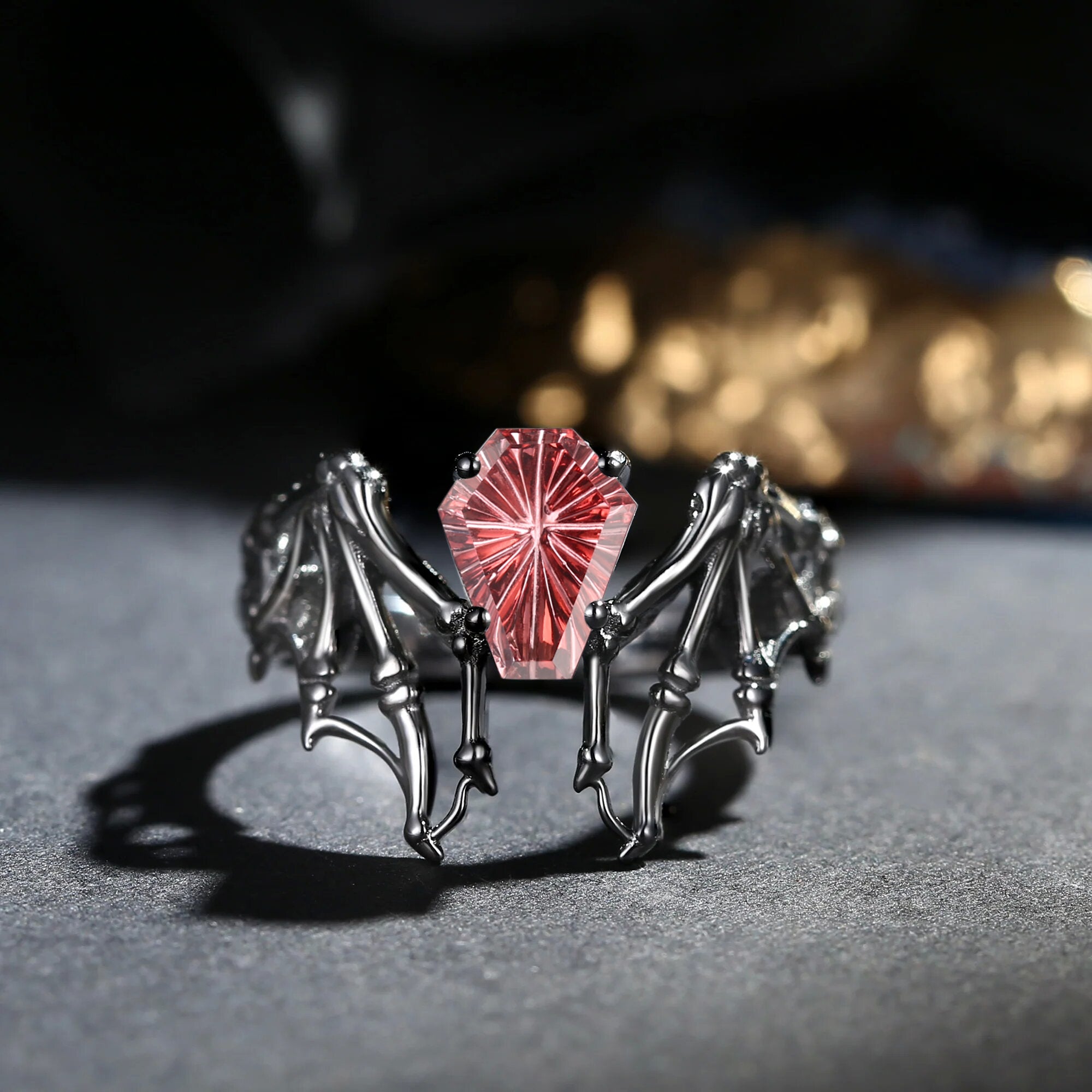 Firework Cut Garnet Coffin Cut Vintage Inspired Black Gold Engagement Ring - Bat Ring