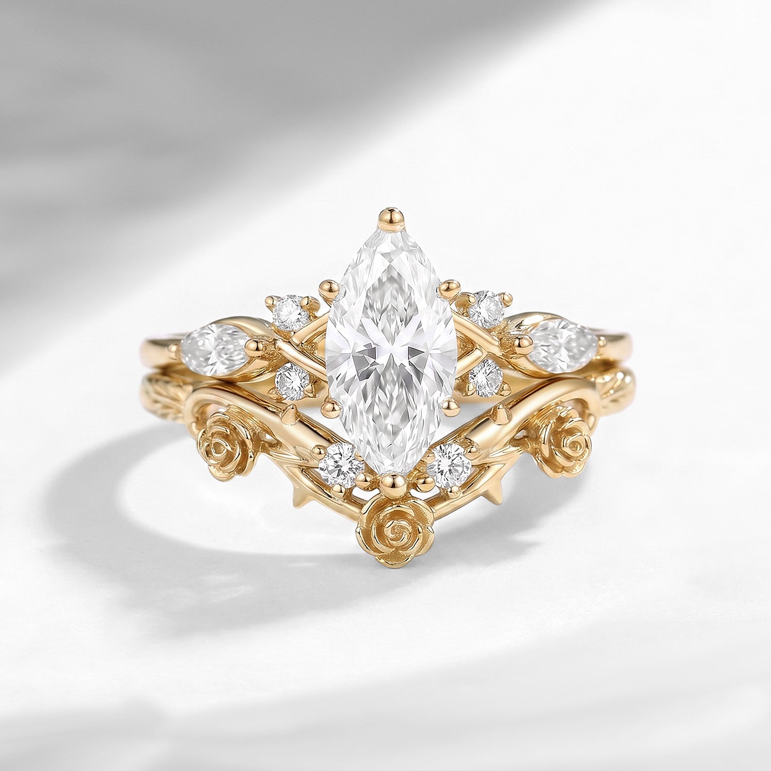 Thorns & Roses - Nature Inspired Marquise Cut Moissanite Flower Engagement Ring Set with Rose-inspired Band