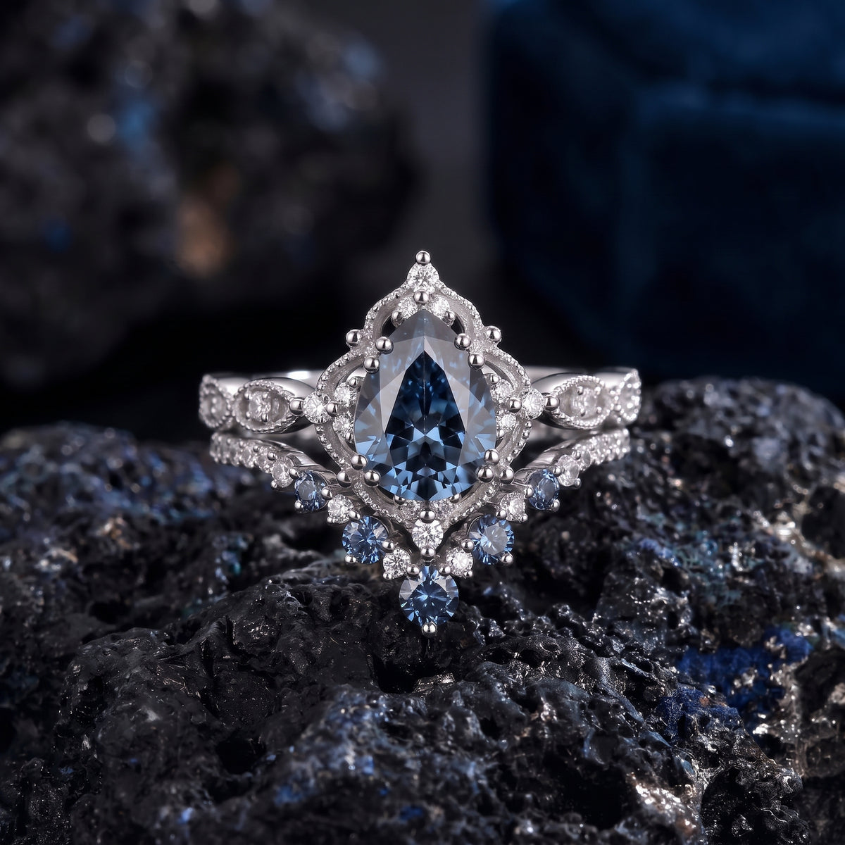 Antique Pear Cut Royal Blue Moissanite Engagement Ring 2pcs