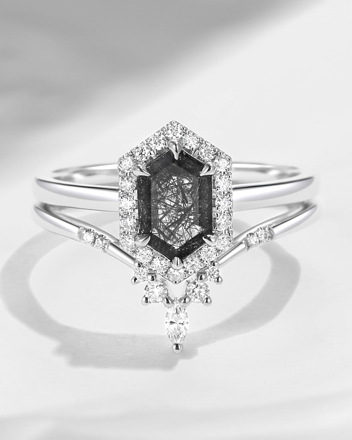 Long Hexagon Black Rutilated Quartz Engagement Ring Set 2pcs Solitaire Cluster Ring