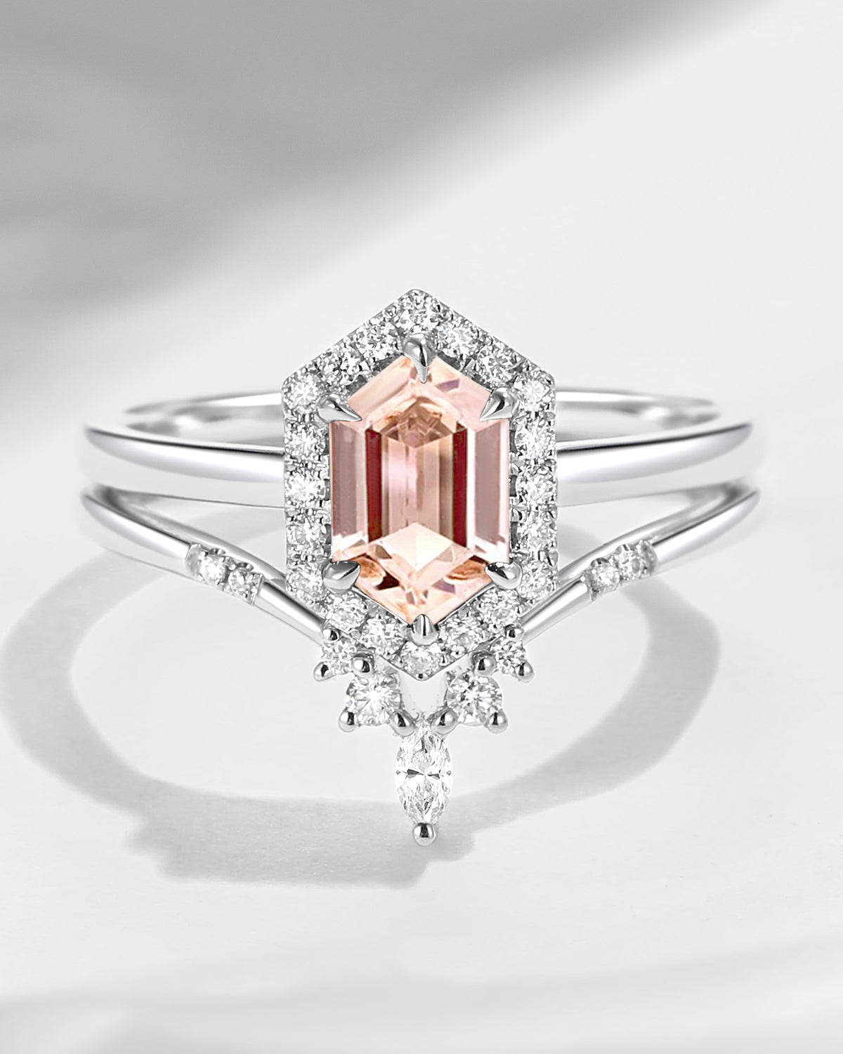 Long Hexagon Morganite Engagement Ring Set 2pcs Solitaire Classic Ring