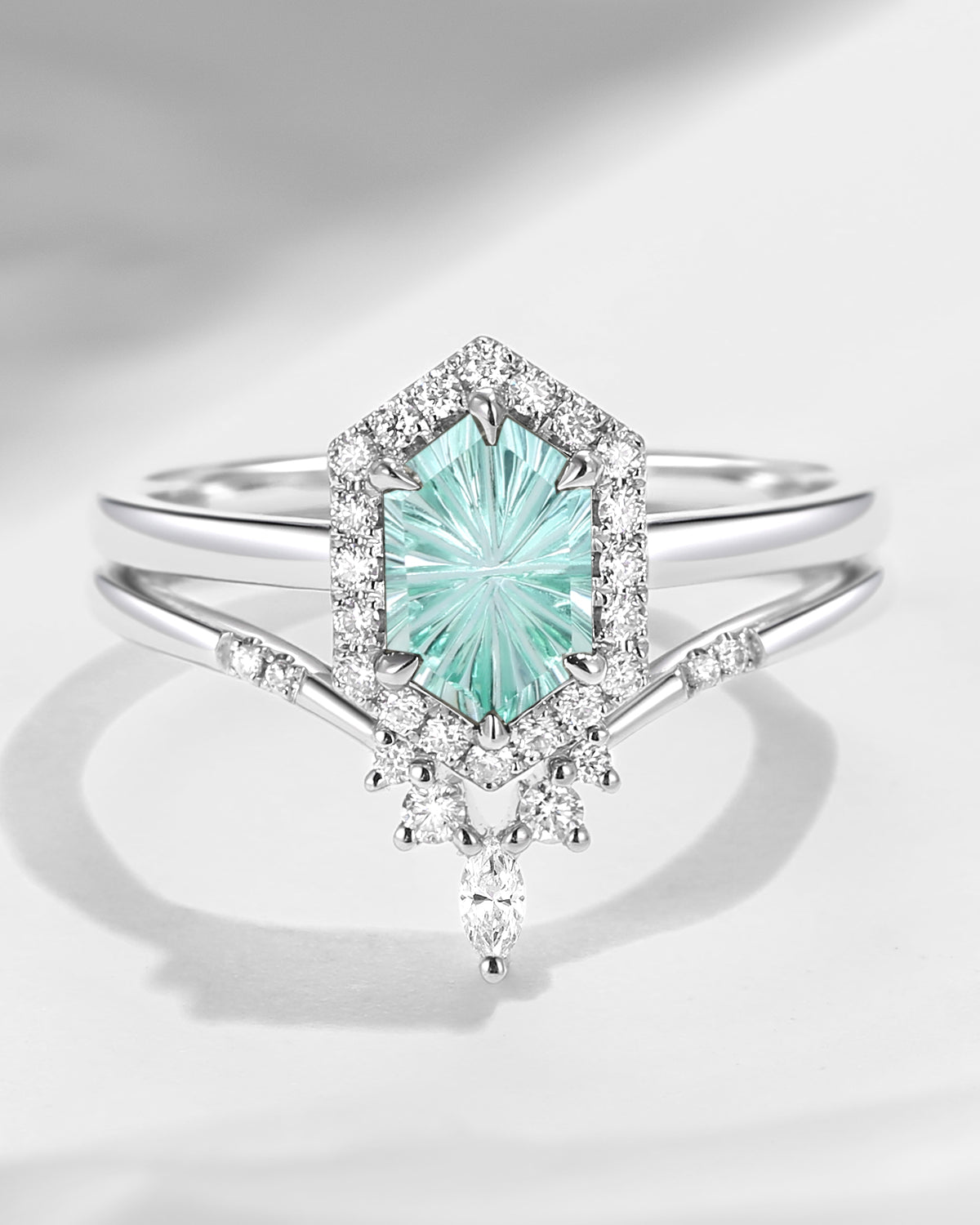 Long Hexagon Firework Cut Lab Mint Sapphire Engagement Ring Set 2pcs Solitaire Cluster Ring