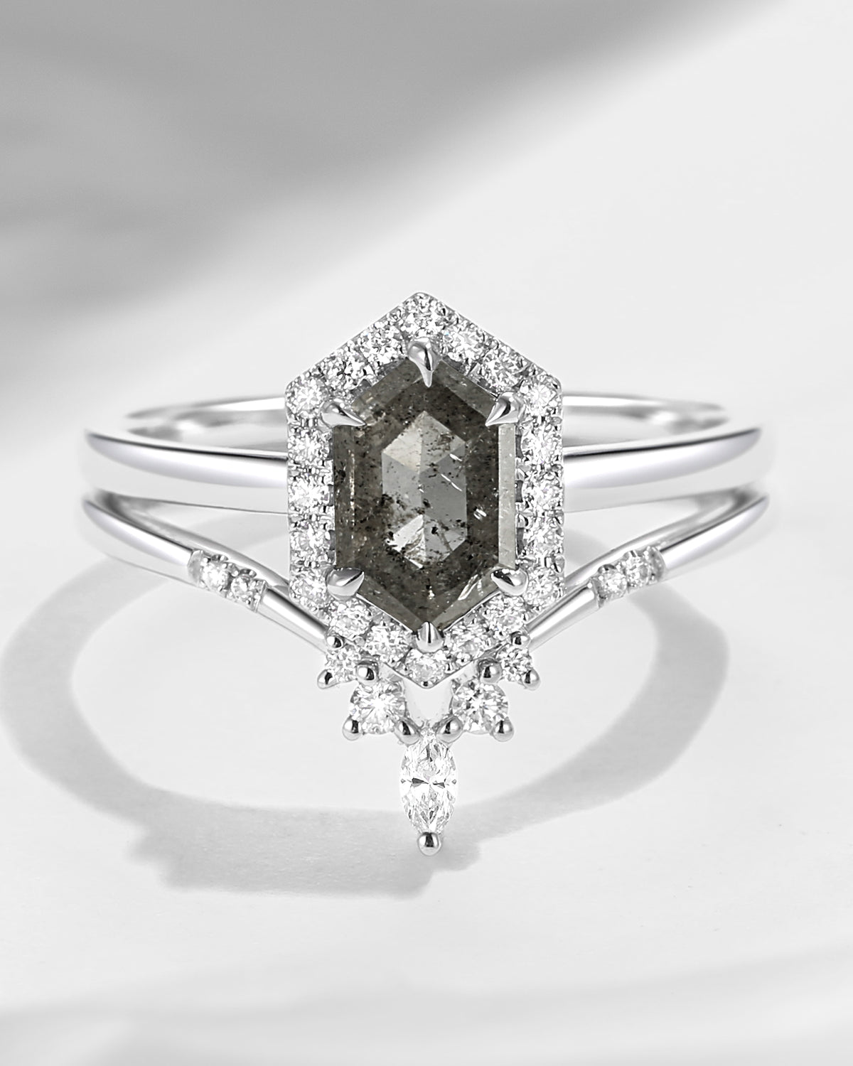 Long Hexagon Salt and Pepper Diamond Engagement Ring Se