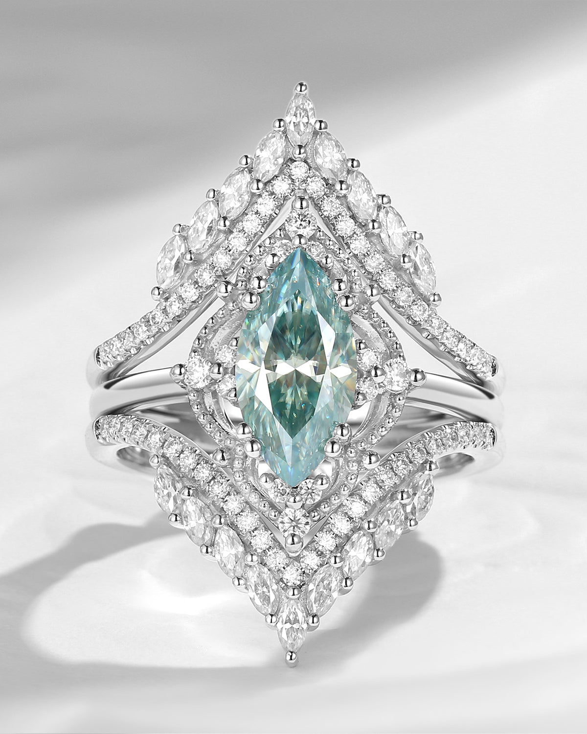 Vintage Style Marquise Mint Moissanite Cage Ring Bridal Set 2pcs