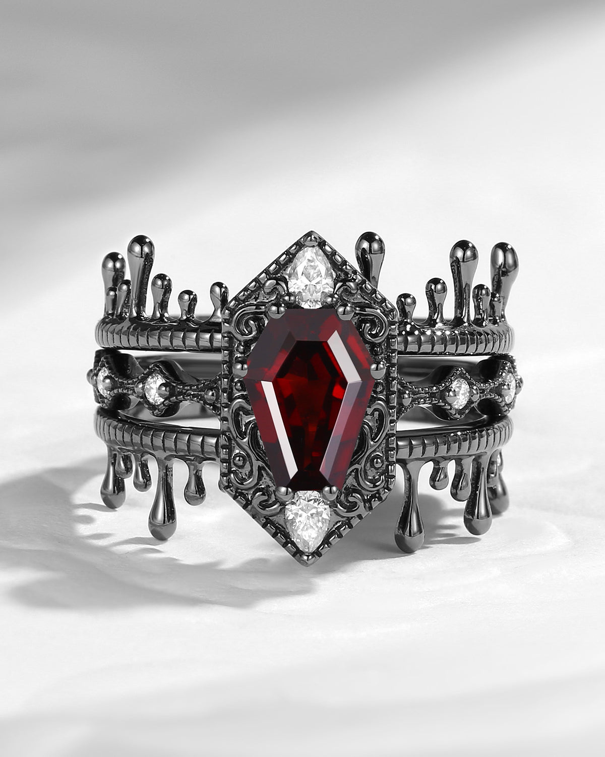 Gothic Love Coffin Cut Garnet Vampire Engagement Ring Set 3pcs