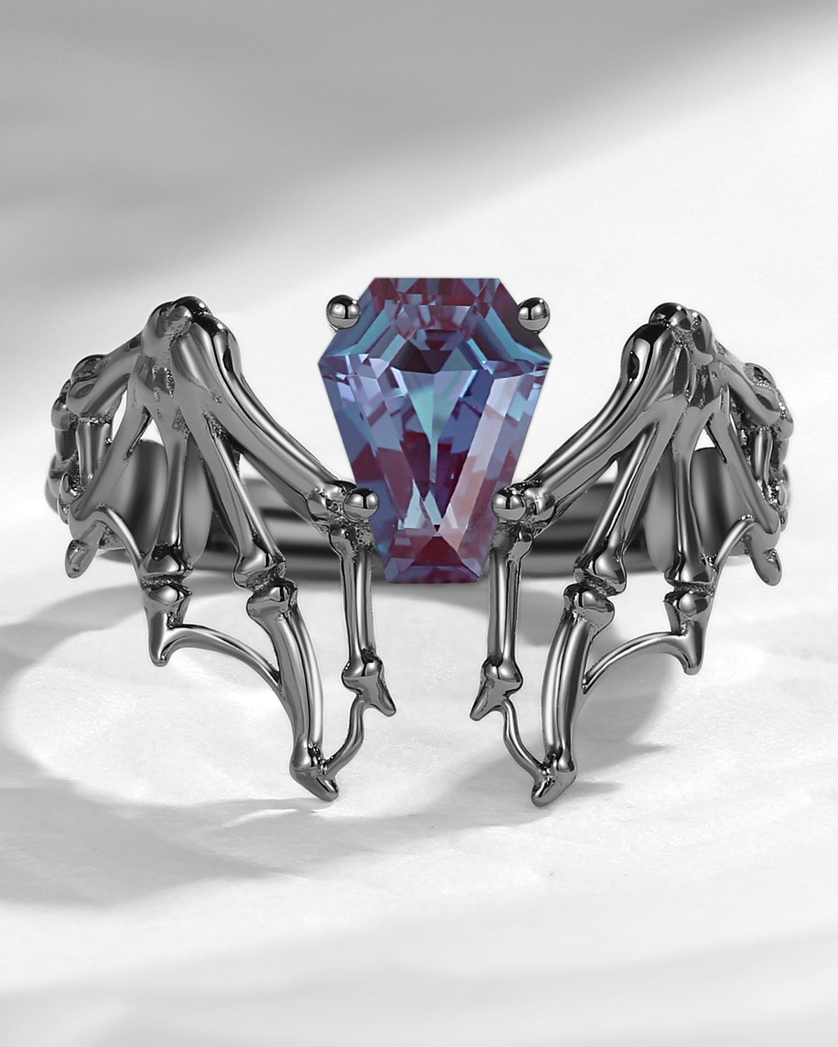 Lab Alexandrite Coffin Cut Vintage Inspired Black Gold Engagement Ring - Bat Ring