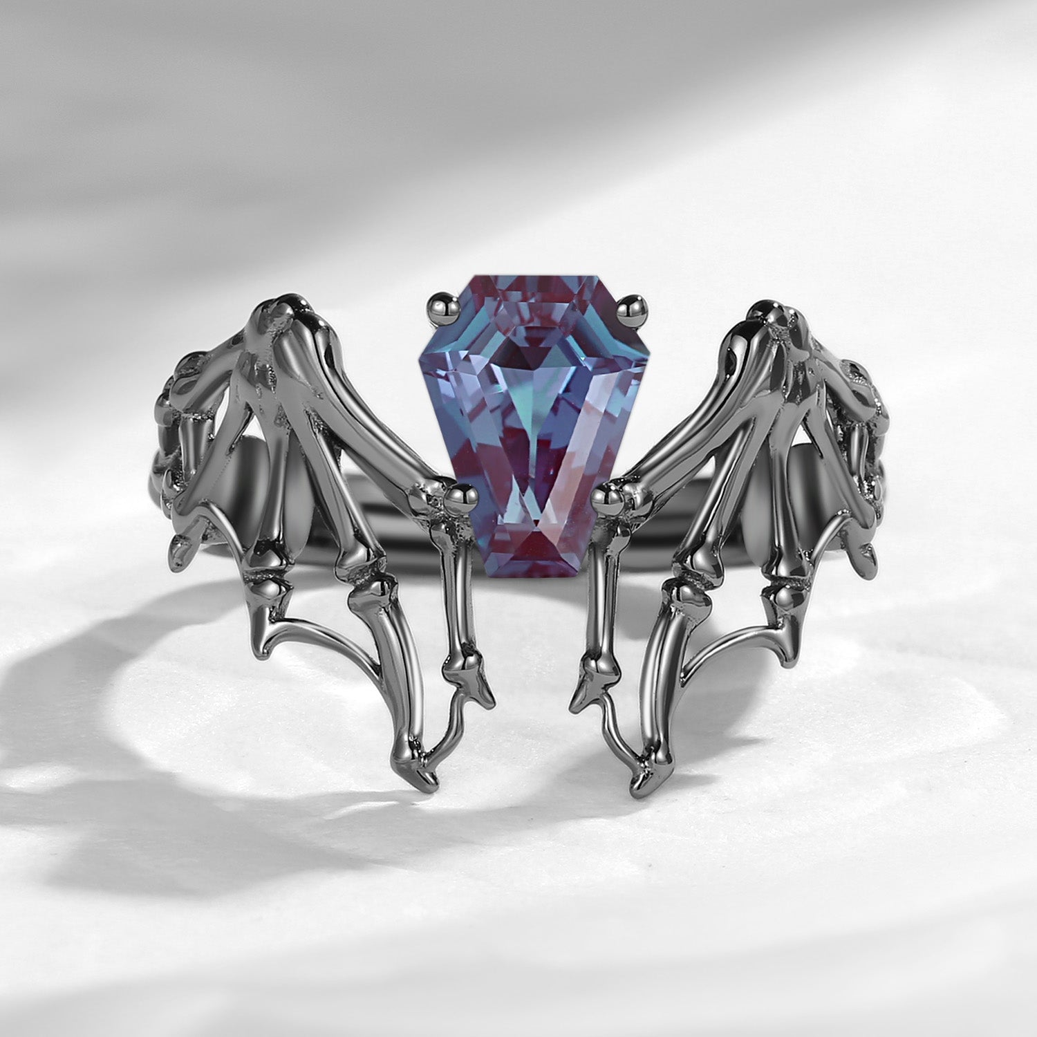 Lab Alexandrite Coffin Cut Vintage Inspired Black Gold Engagement Ring - Bat Ring