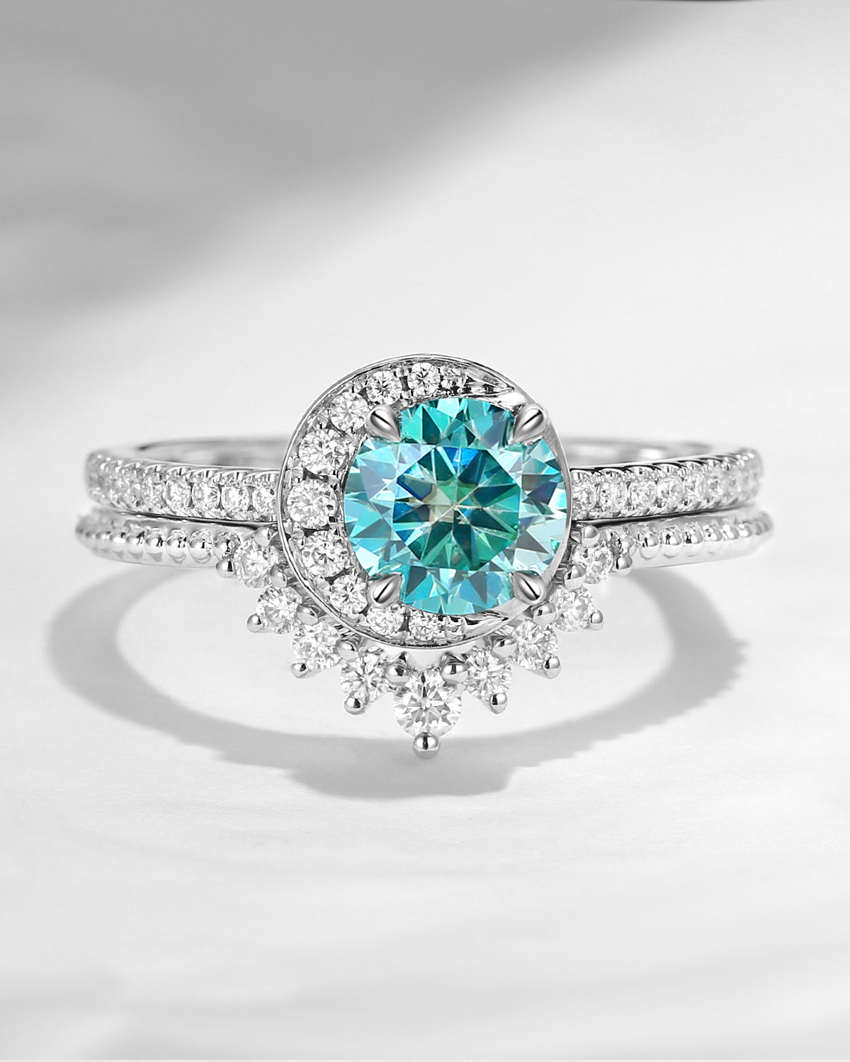 Crescent Moon | Unique Teal Moissanite Engagement Ring Set 2pcs - Full Moon