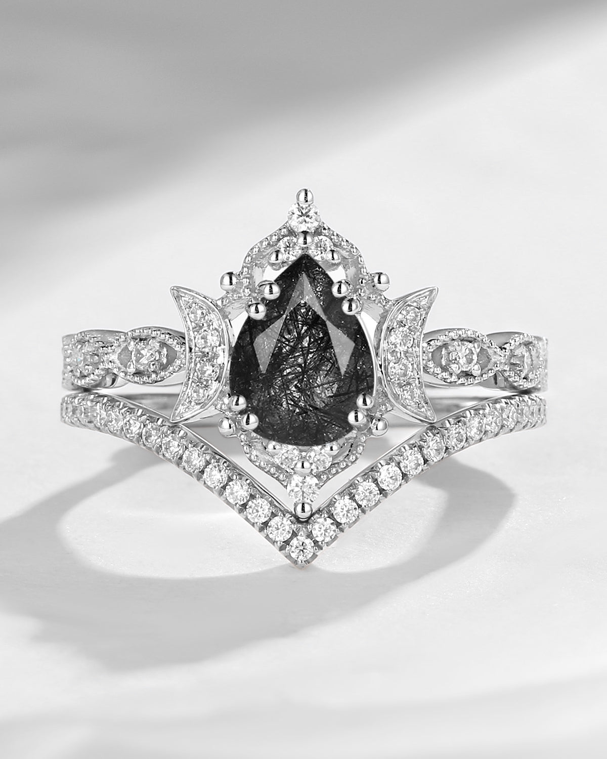 Crescent moon | Antique Stacking Set With Pear Shaped Black Rutilated Quartz Engagement Ring 2pcs