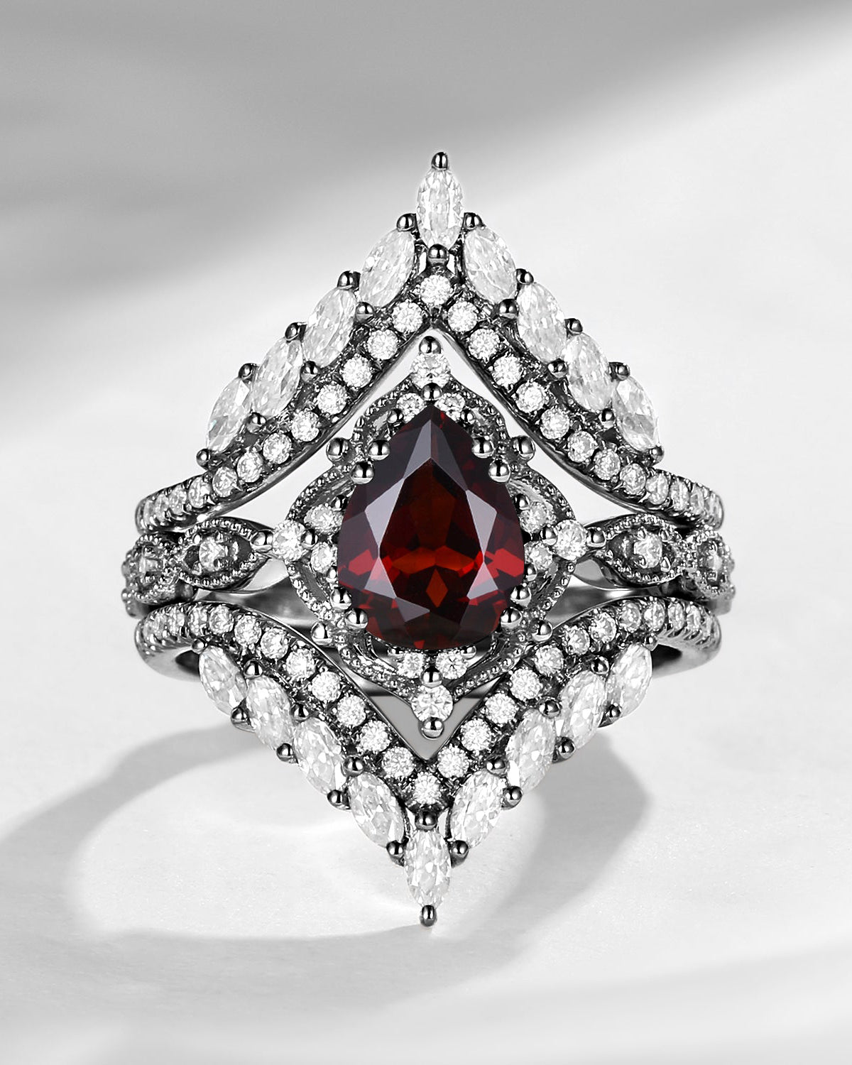 Vintage Pear Cut Garnet Black Gold Engagement Ring Cage Ring Set 2pcs