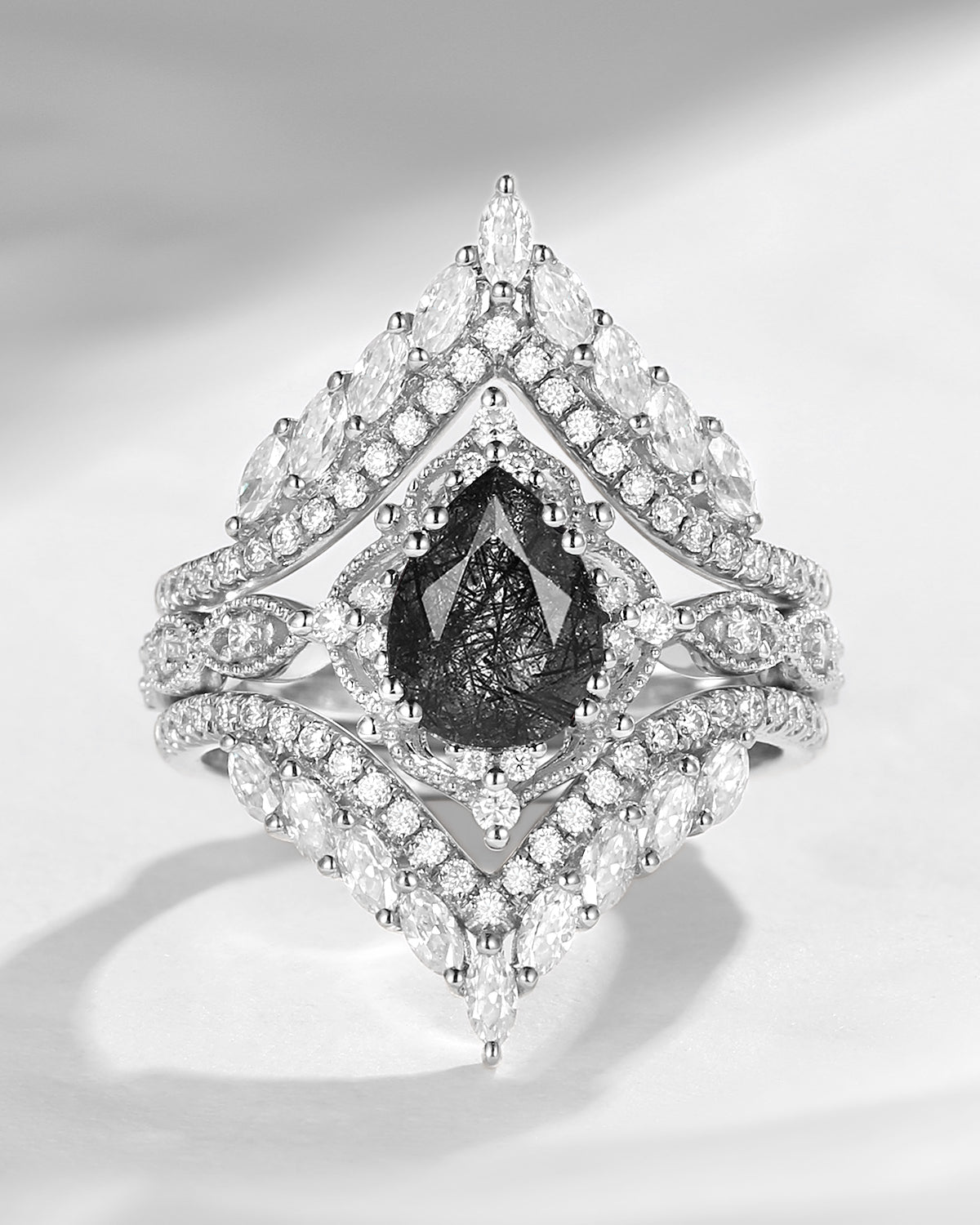 Vintage Pear Cut Black Rutilated Quartz Engagement Ring Cage Ring Set 2pcs