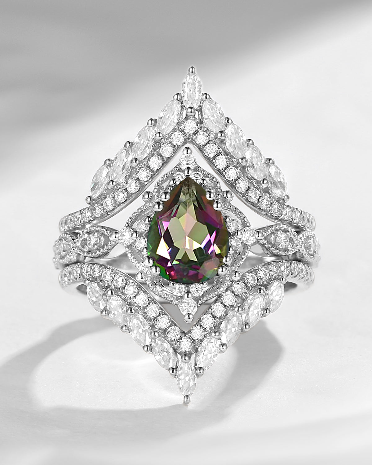 Vintage Pear Cut Mystic Topaz Engagement Ring Cage Ring Set 2pcs