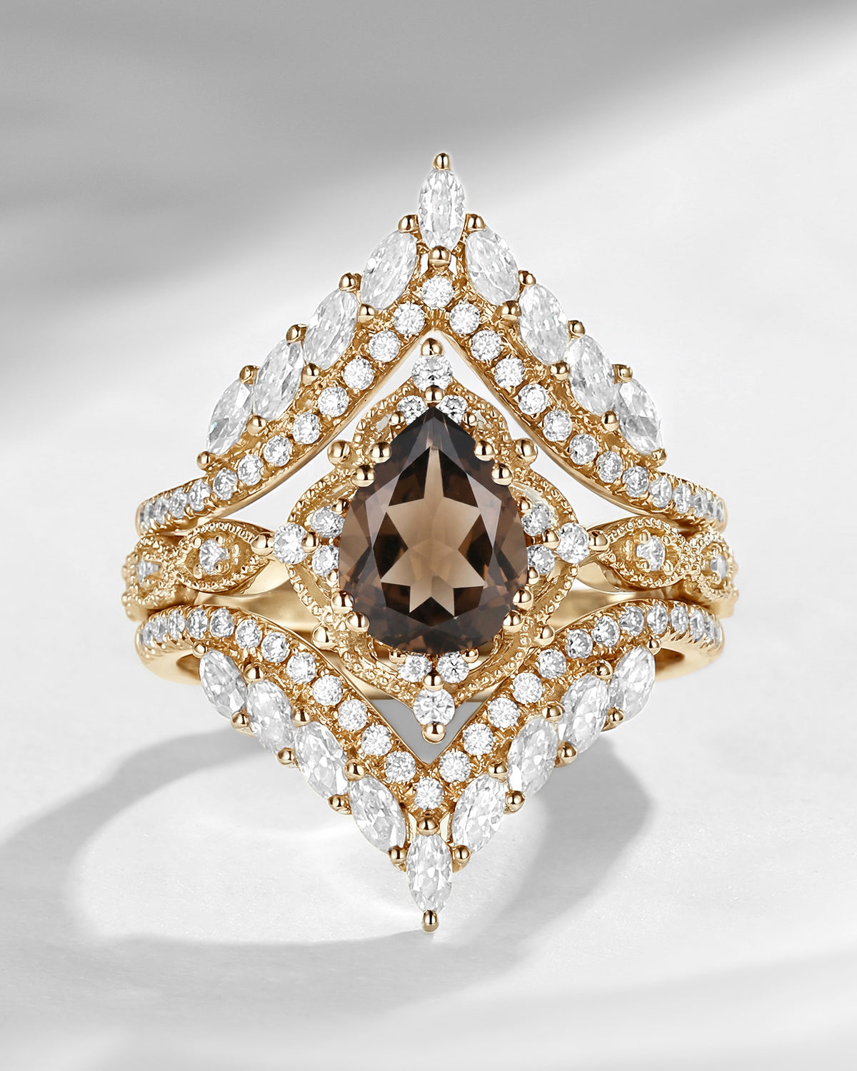 Vintage Pear Cut Smokey Quartz Engagement Ring Cage Ring Set 2pcs