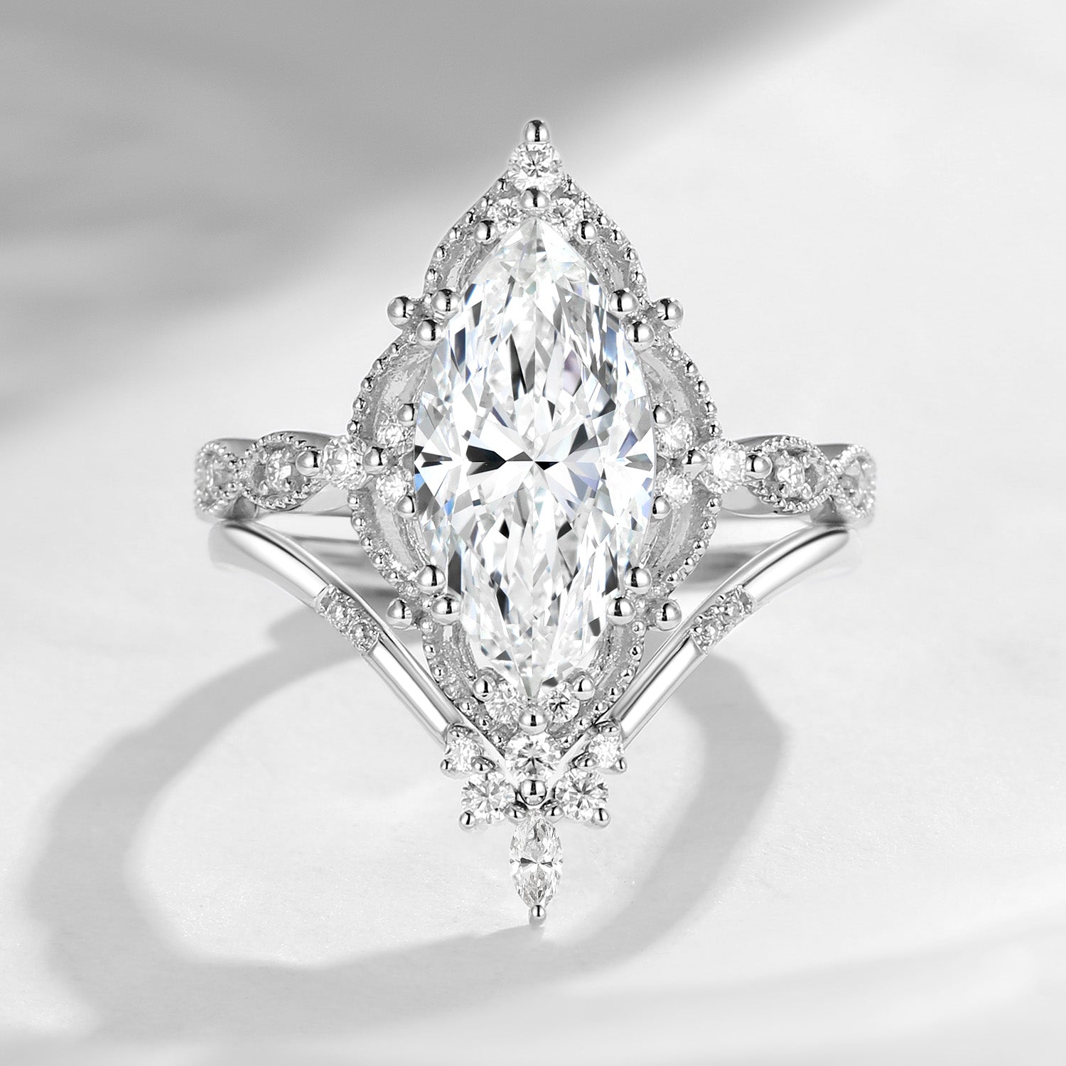 2.5ct 18K Unique Marquise Moissanite Engagement Ring Set 2pcs