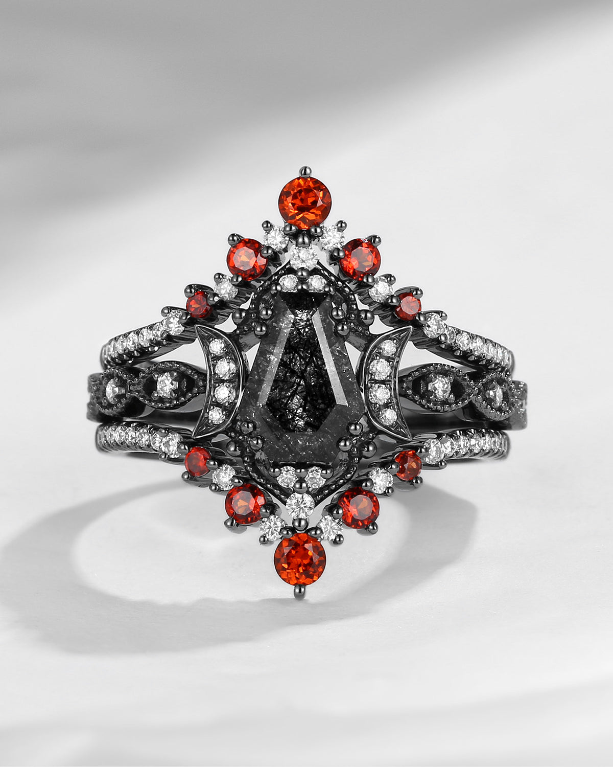 Crescent Moon | Coffin Cut Black Rutilated Quartz Garnet 'Black Statement' Ring Set 3pcs