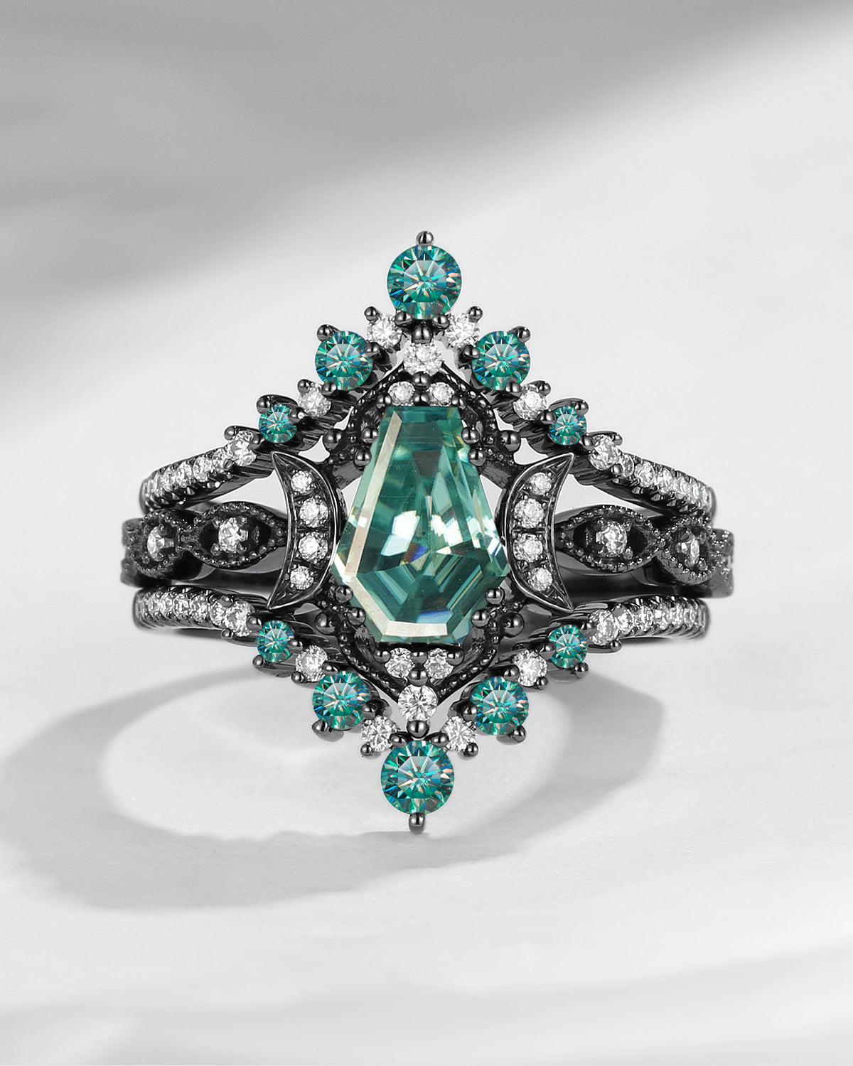Crescent Moon | Coffin Cut Teal Moissanite 'Black Statement' Ring Set 3pcs
