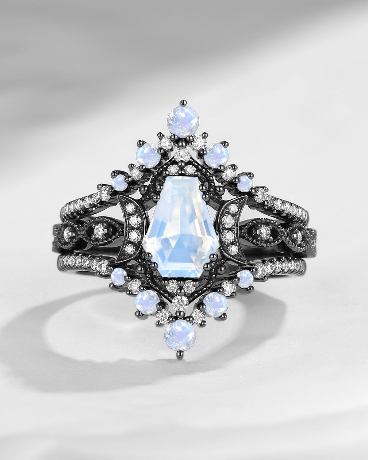 Crescent Moon | Coffin Cut Moonstone 'Black Statement' Ring Set 3pcs