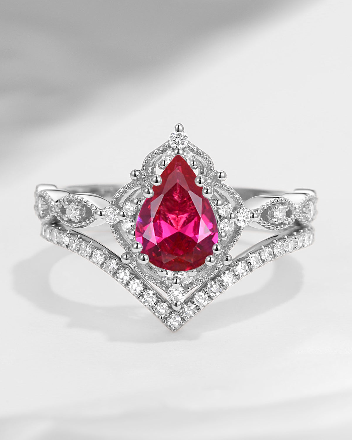 1.5ct Pear Shaped Lab Ruby Engagement Ring Set 2pcs - Evelyn