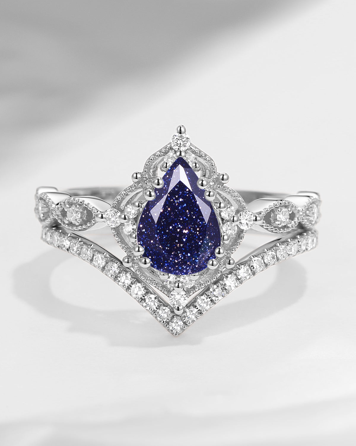 1.5ct Pear Shaped Blue Sandstone Engagement Ring Set 2pcs - Evelyn