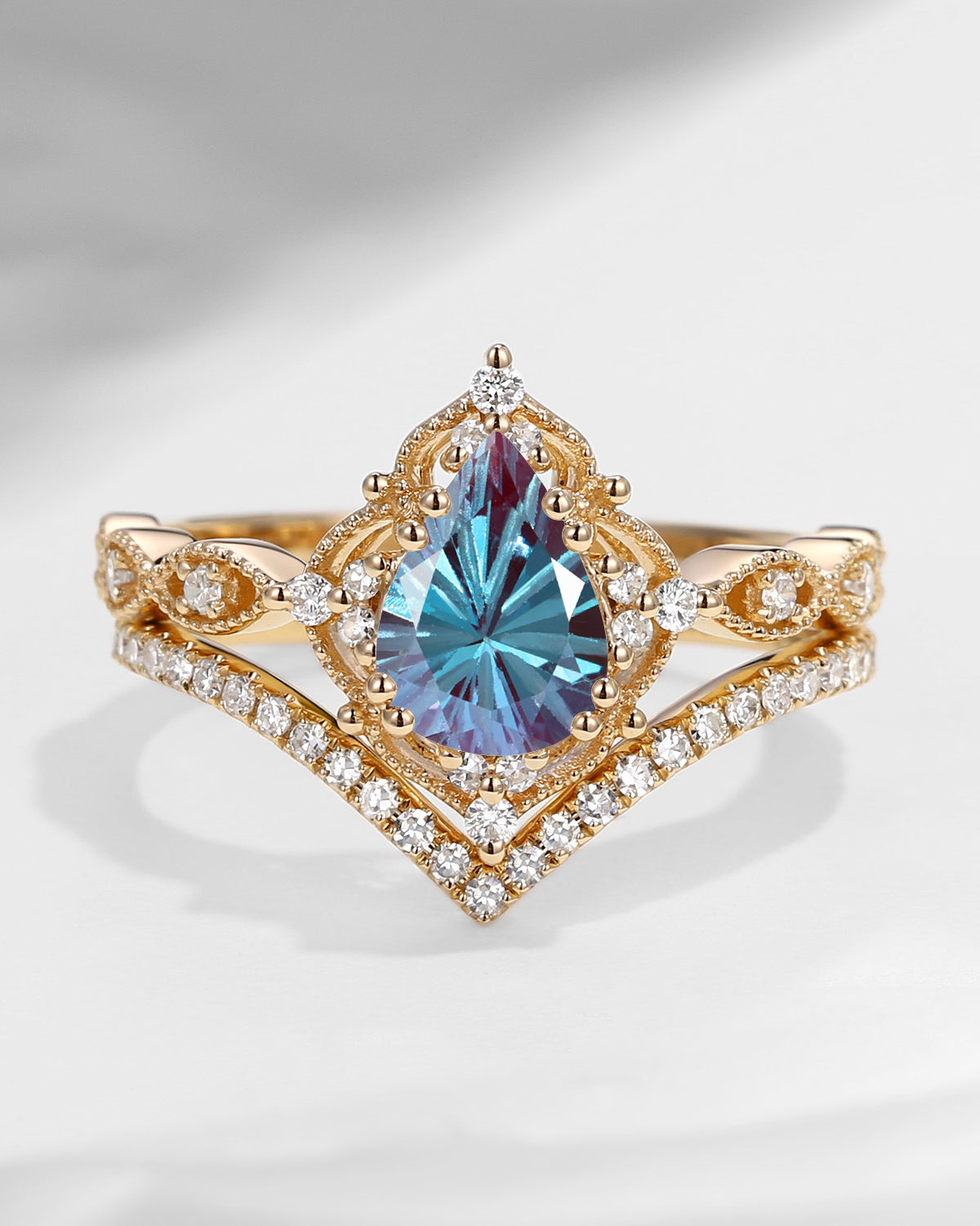 Vintage Inspired Firework Cut Pear Lab Alexandrite Antique Engagement Ring Set 2pcs - Evelyn