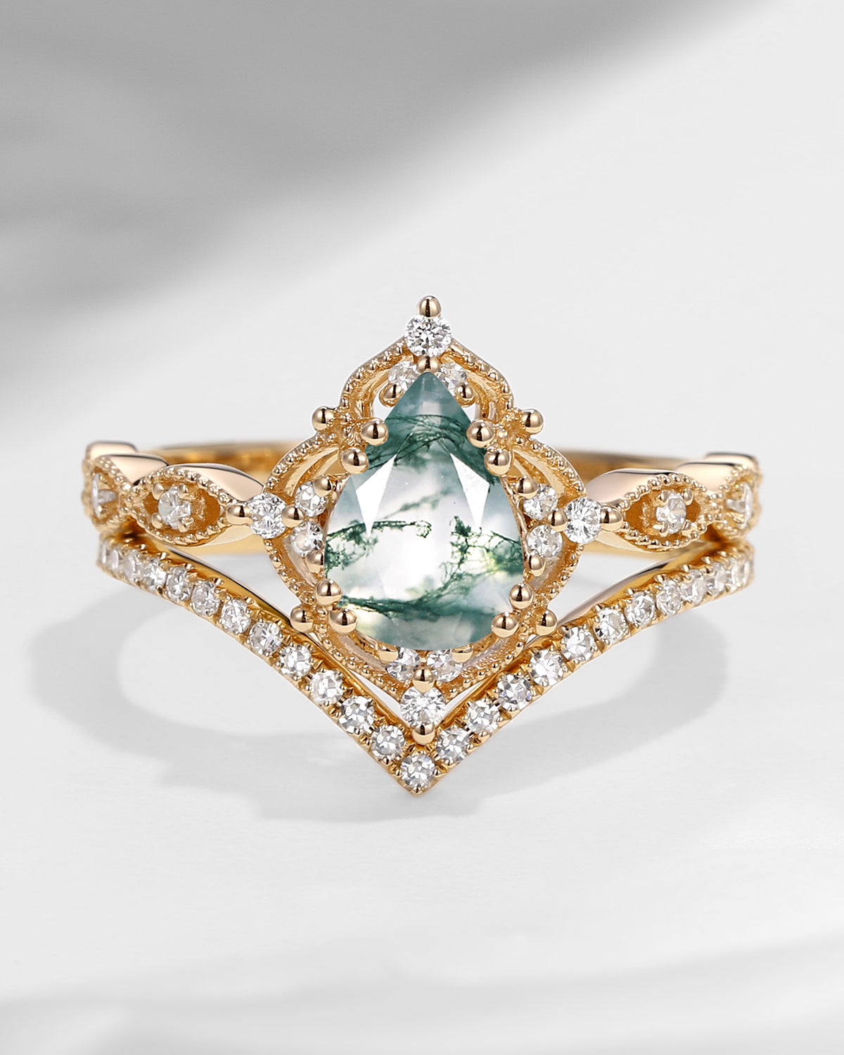 1.5ct Pear Shaped Moss Agate Engagement Ring Set 2pcs - Evelyn