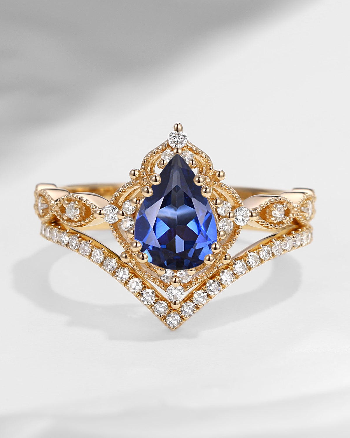 1.5ct Pear Shaped Lab Sapphire Engagement Ring Set 2pcs - Evelyn