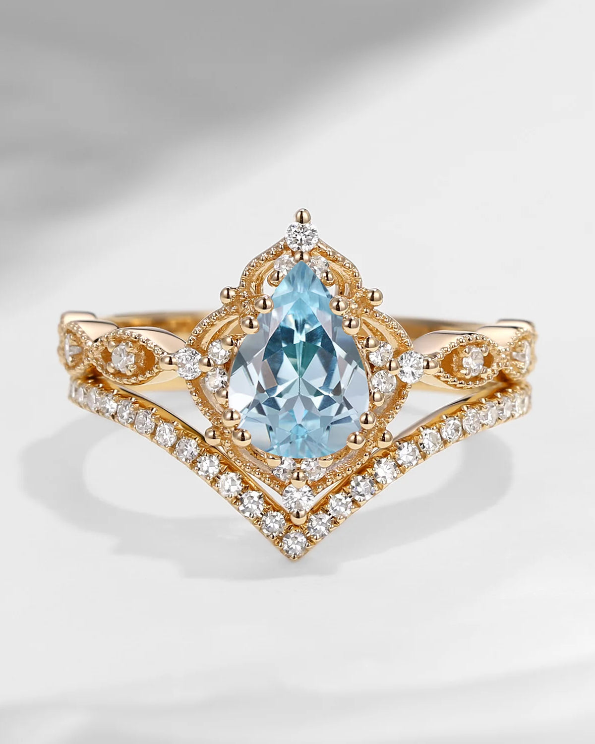 Pear Shaped Natural Aquamarine Engagement Ring Set 2pcs - Evelyn
