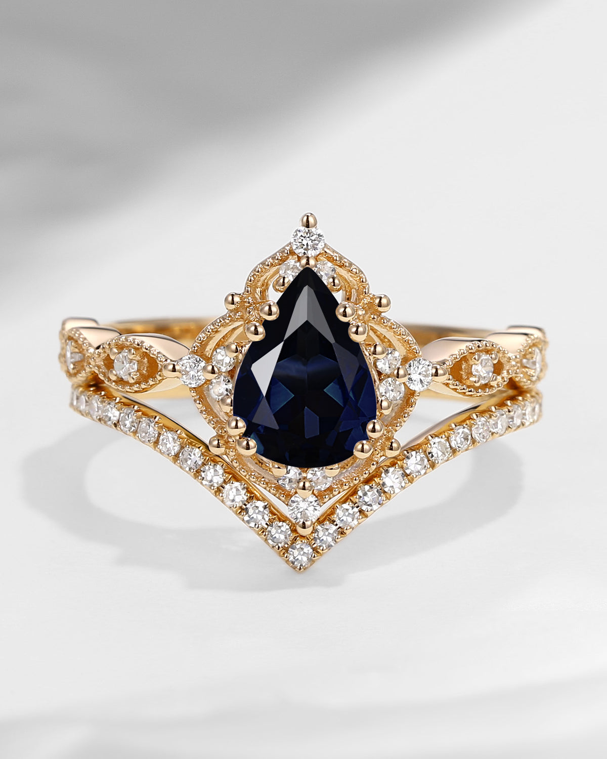 Vintage Inspired Pear Cut Natural Black Sapphire Classic Engagement Ring Set 2pcs - Evelyn