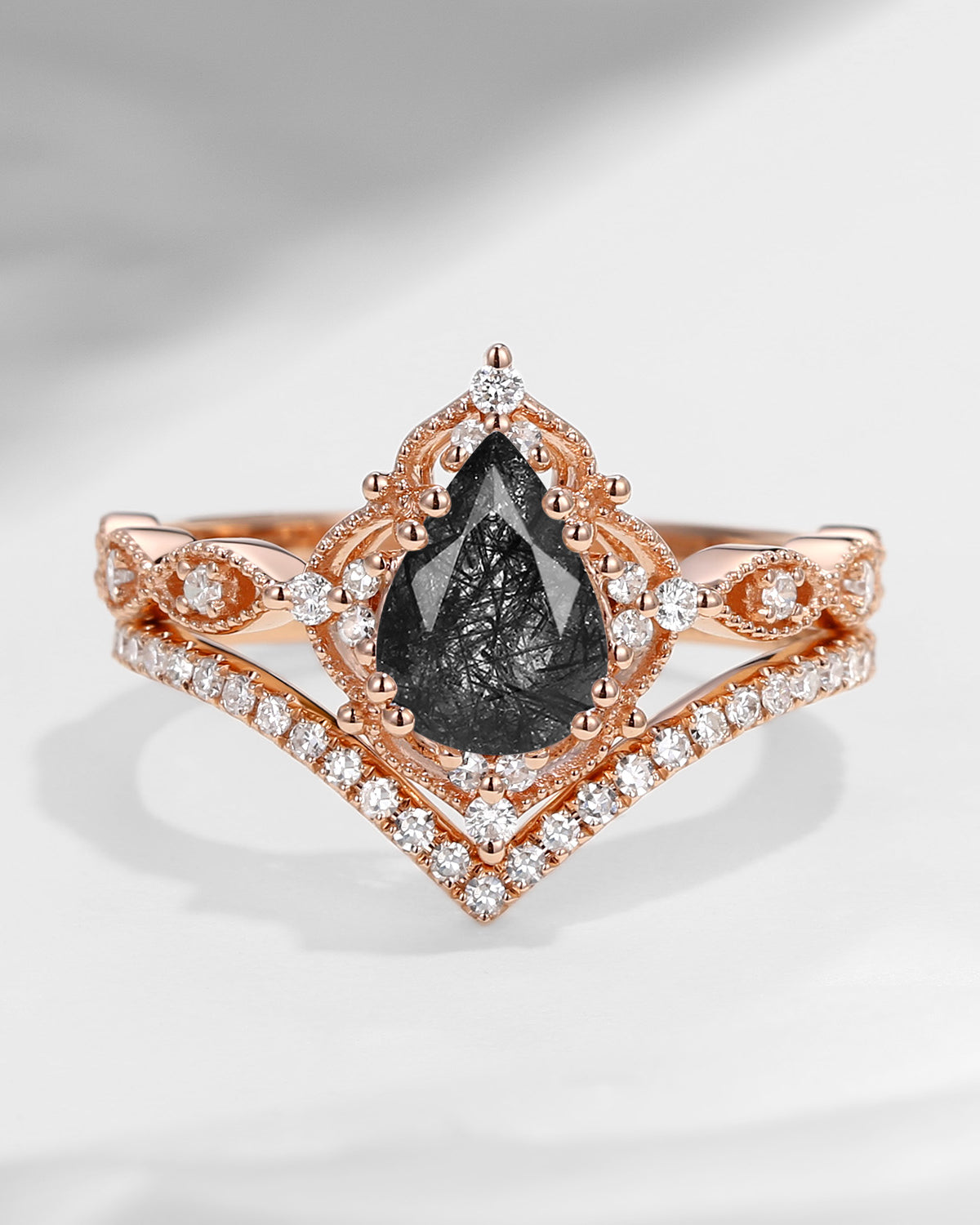 Pear Shaped Black Rutilated Quartz Antique Stacking Engagement Ring