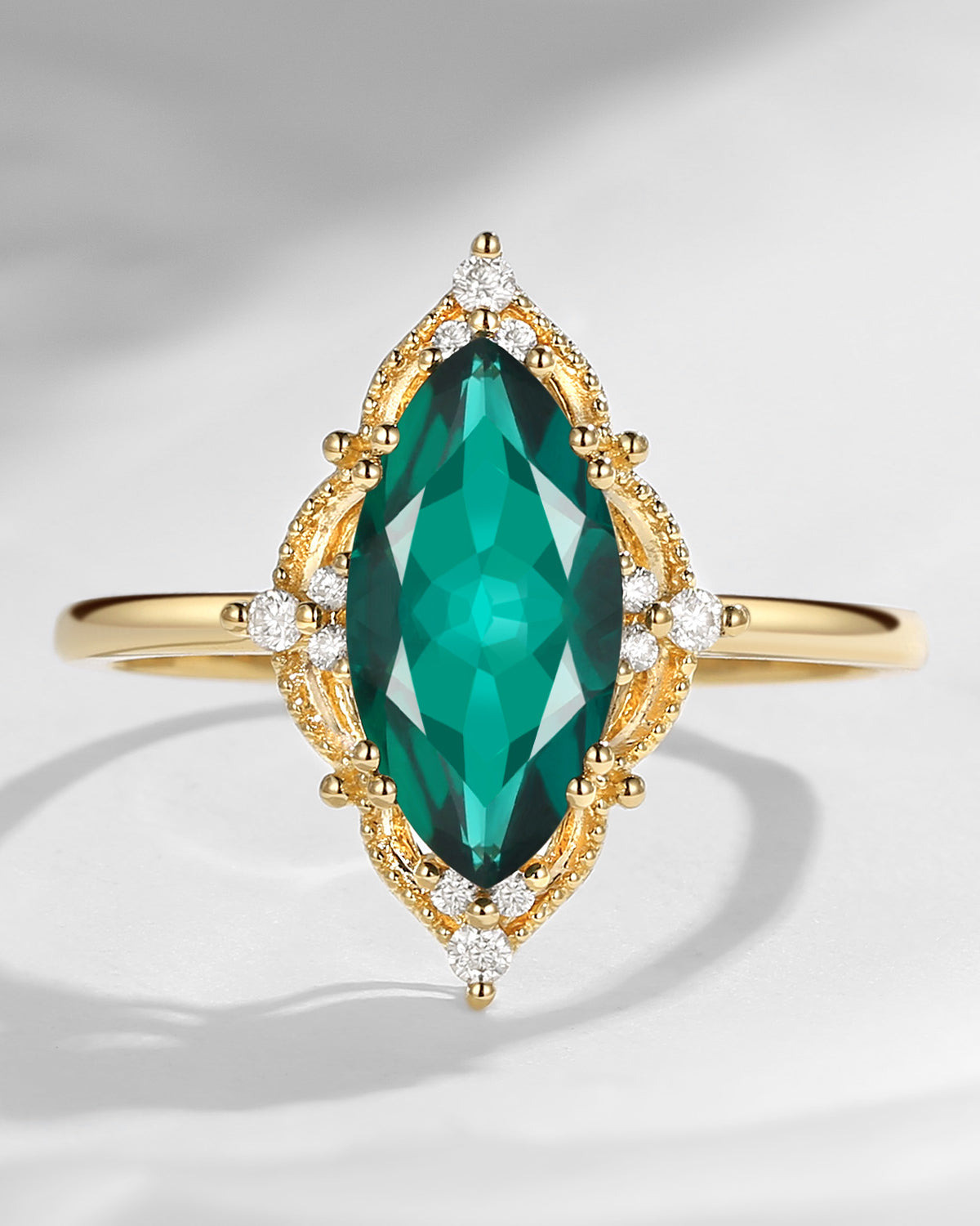2.5ct 18K Marquise Vintage Inspired Lab Emerald Engagement Ring