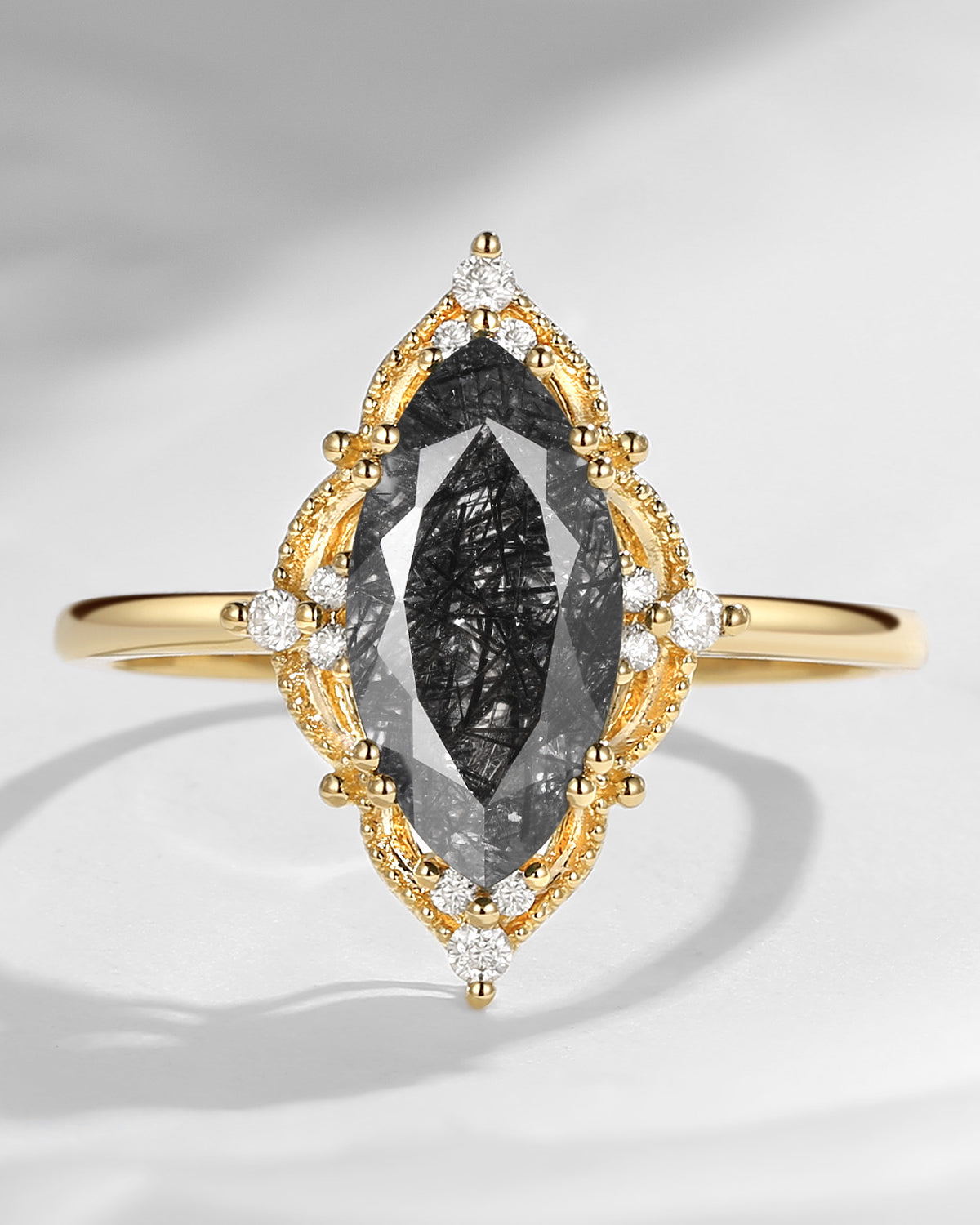 2.5ct 18K Marquise Vintage Inspired Black Rutilated Quartz Engagement Ring