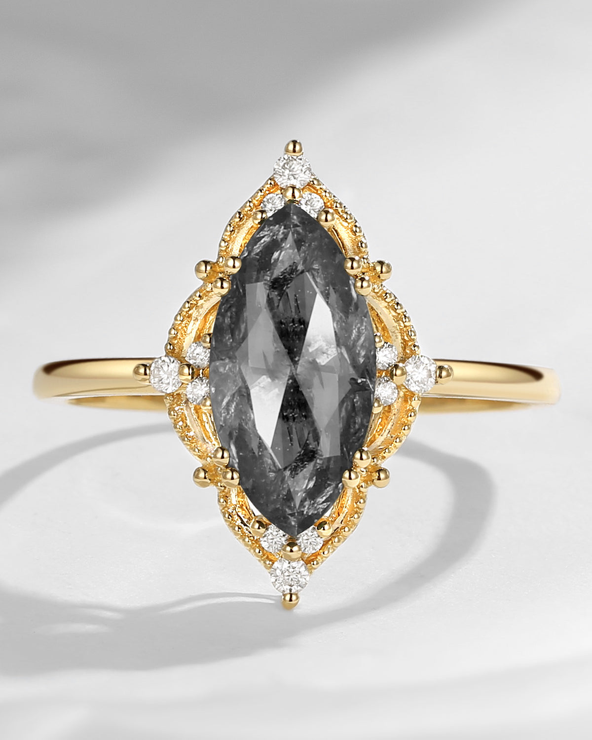 2.5ct 18K Marquise Vintage Inspired Natural Salt and Pepper Diamond Engagement Ring