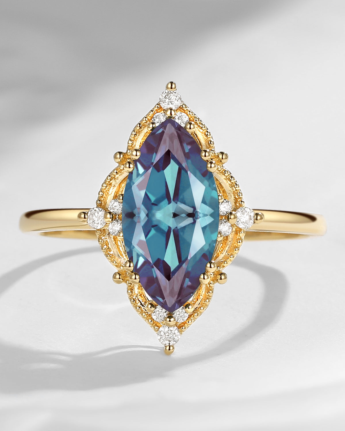 2.5ct 18K Marquise Vintage Inspired Lab Alexandrite Engagement Ring