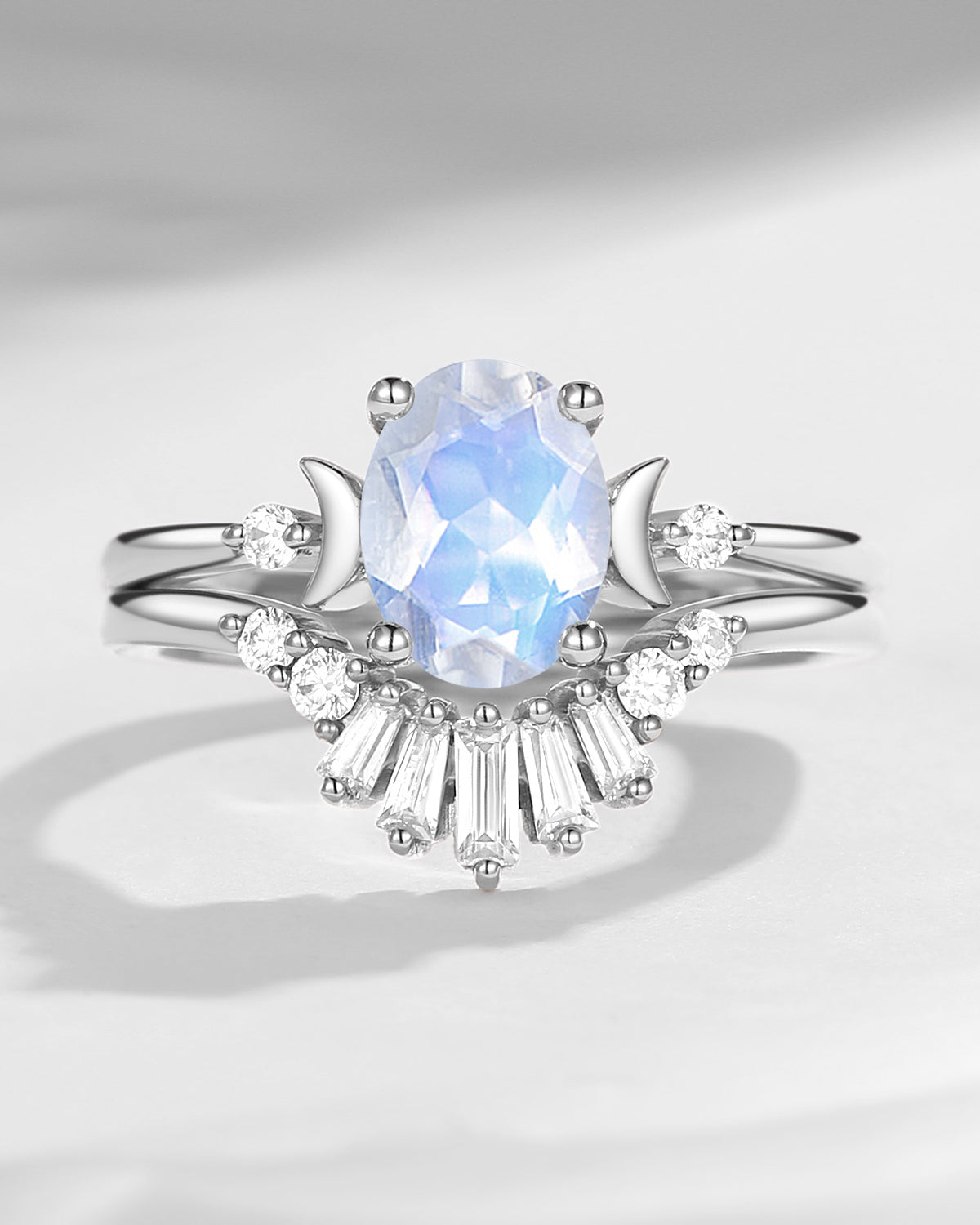 Pure Moon | Fancy Oval Cut Moonstone Engagement Ring Set 2pcs
