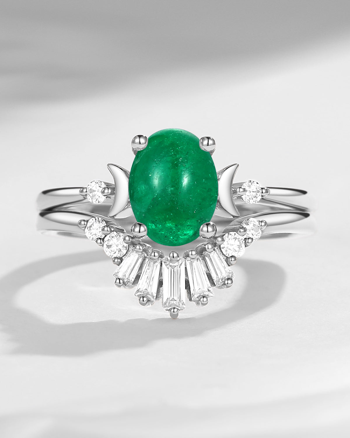 Pure Moon | Fancy Oval Cut Natural Emerald Engagement Ring Set 2pcs