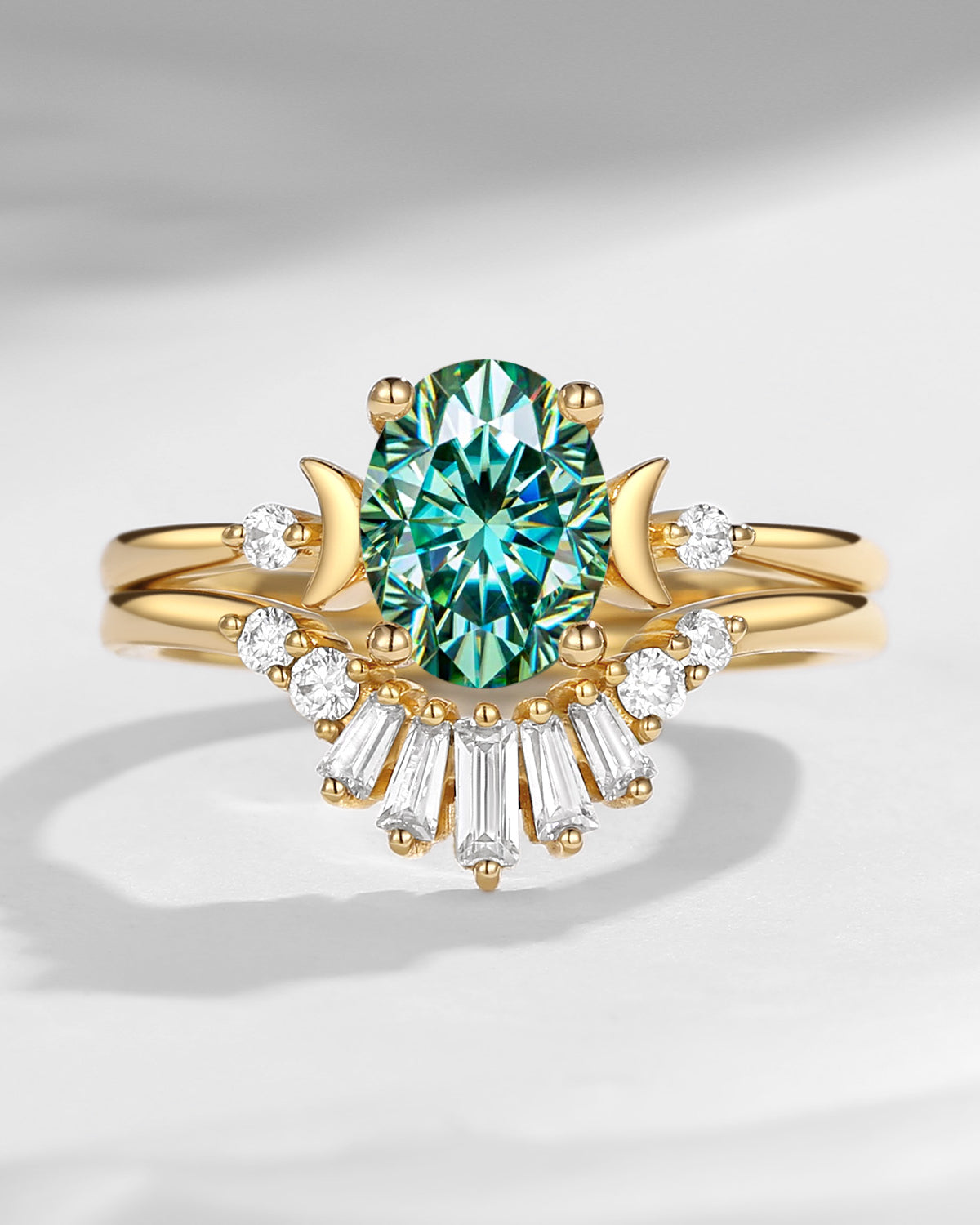 Pure Moon | Fancy Oval Cut Teal Moissanite Engagement Ring Set 2pcs