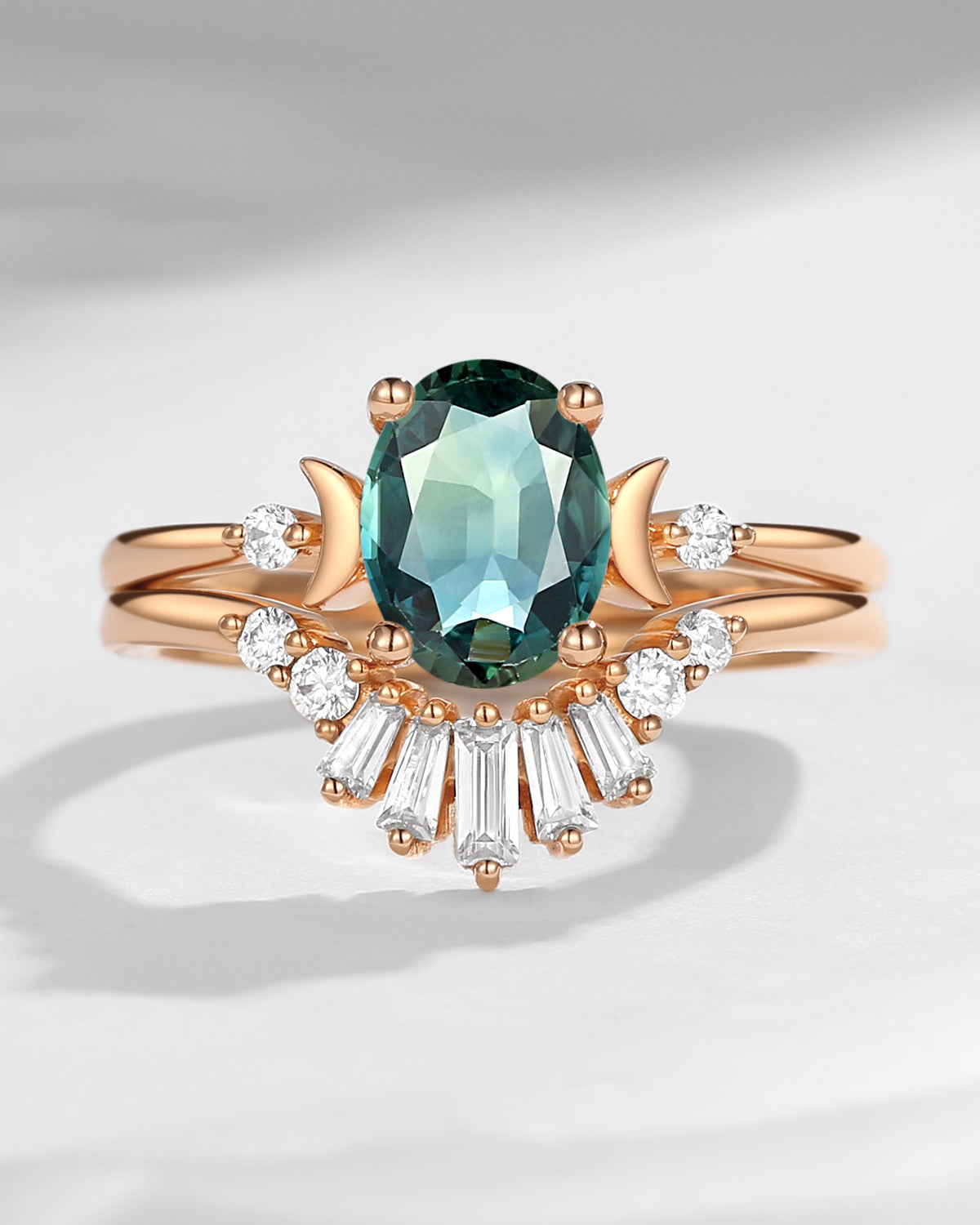 Pure Moon | Fancy Oval Cut Natural Teal Sapphire Engagement Ring Set 2pcs