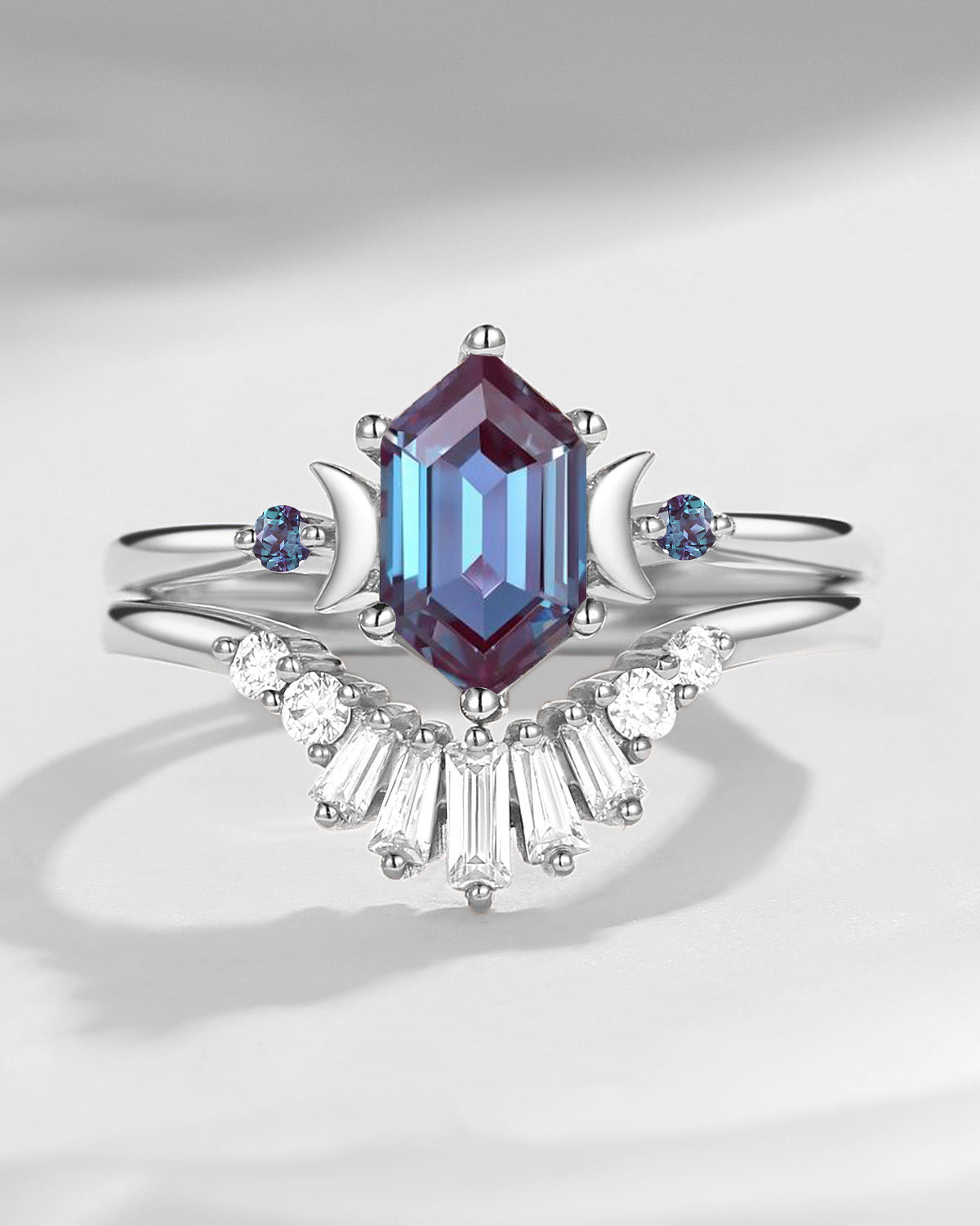 Pure Moon | Fancy Long Hexagon Lab Alexandrite Engagement Ring Set 2pcs