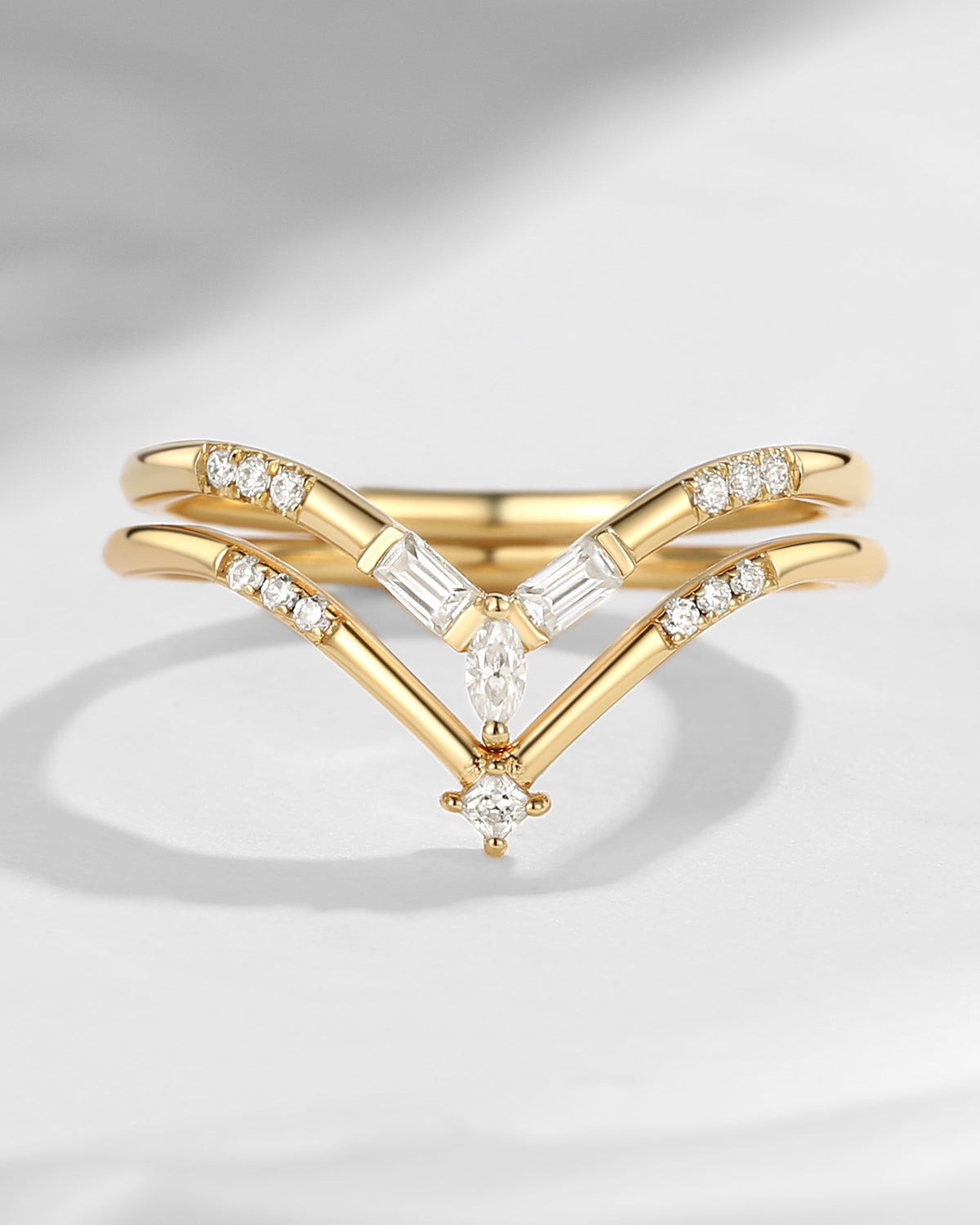 Minimalist Moissanite V shaped Wedding Band Set 2pcs