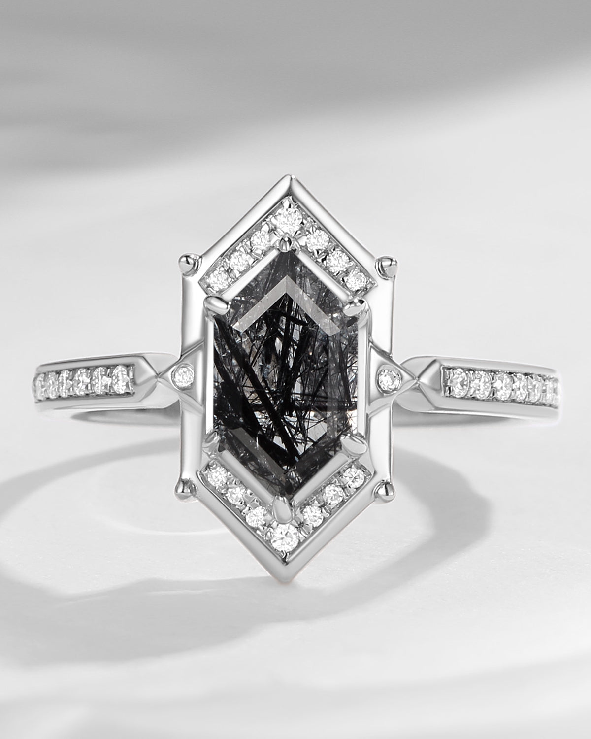 Long Hexagon Black Rutilated Quartz Vintage Engagement Ring