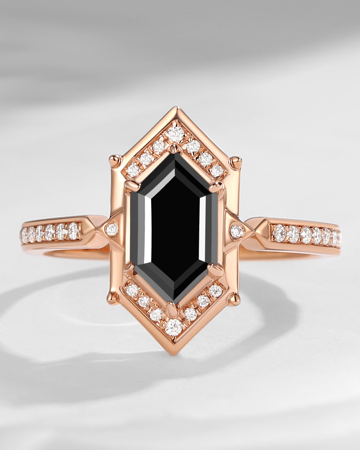 Long Hexagon Black Moissanite Vintage Engagement Ring